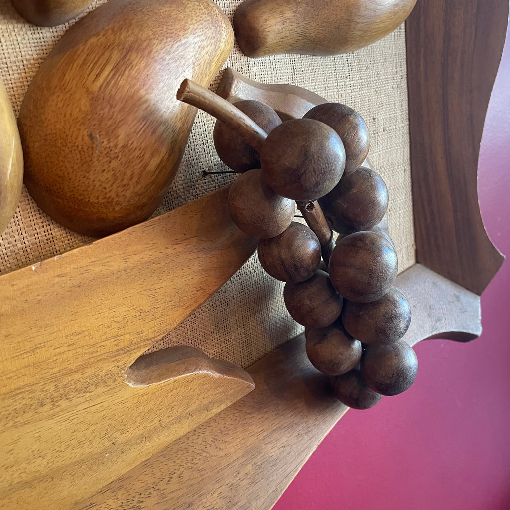 1970's Wooden Fruit on Linen Framed Art - 28" x 26"