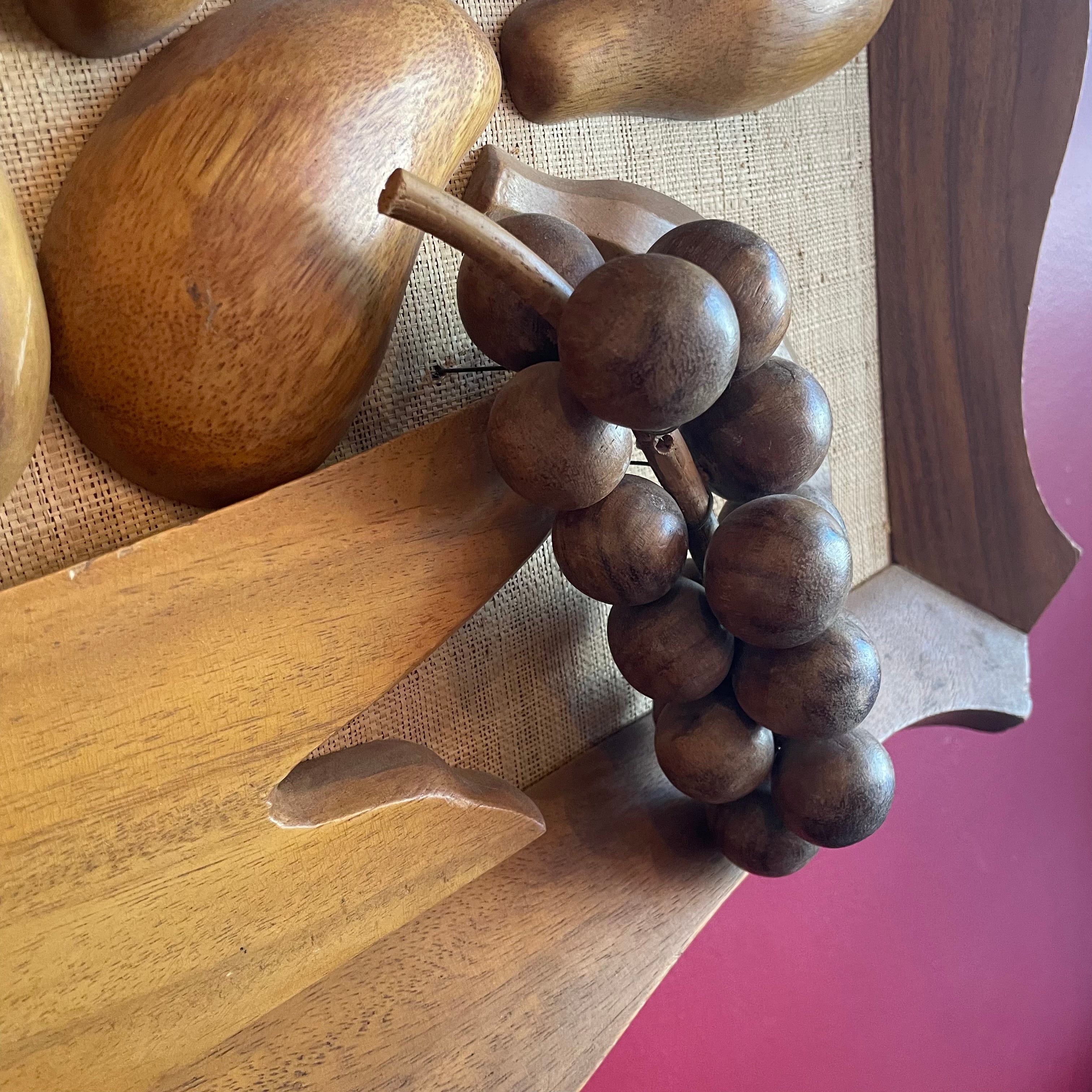 1970's Wooden Fruit on Linen Framed Art - 28" x 26"