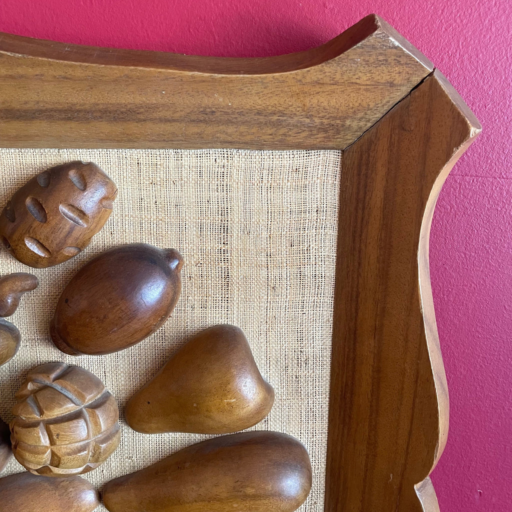 1970's Wooden Fruit on Linen Framed Art - 28" x 26"