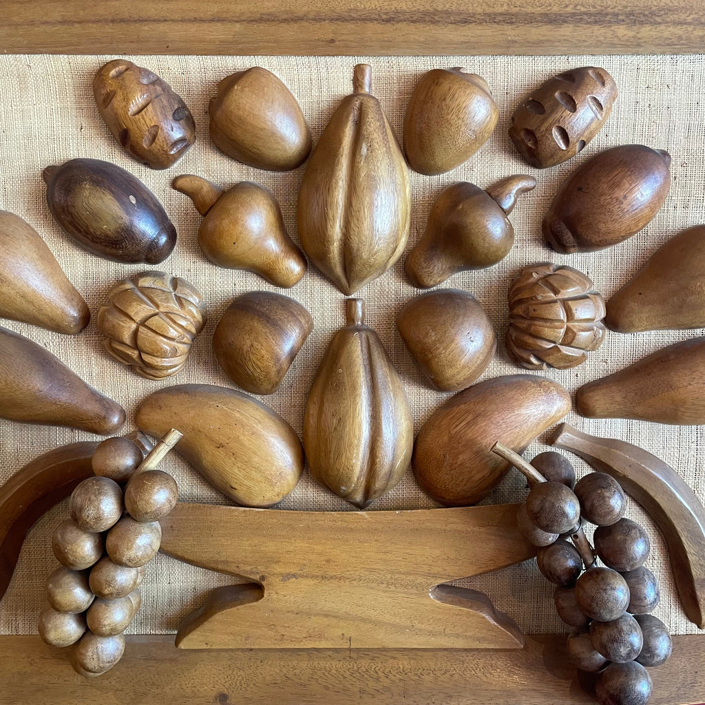 1970's Wooden Fruit on Linen Framed Art - 28" x 26"