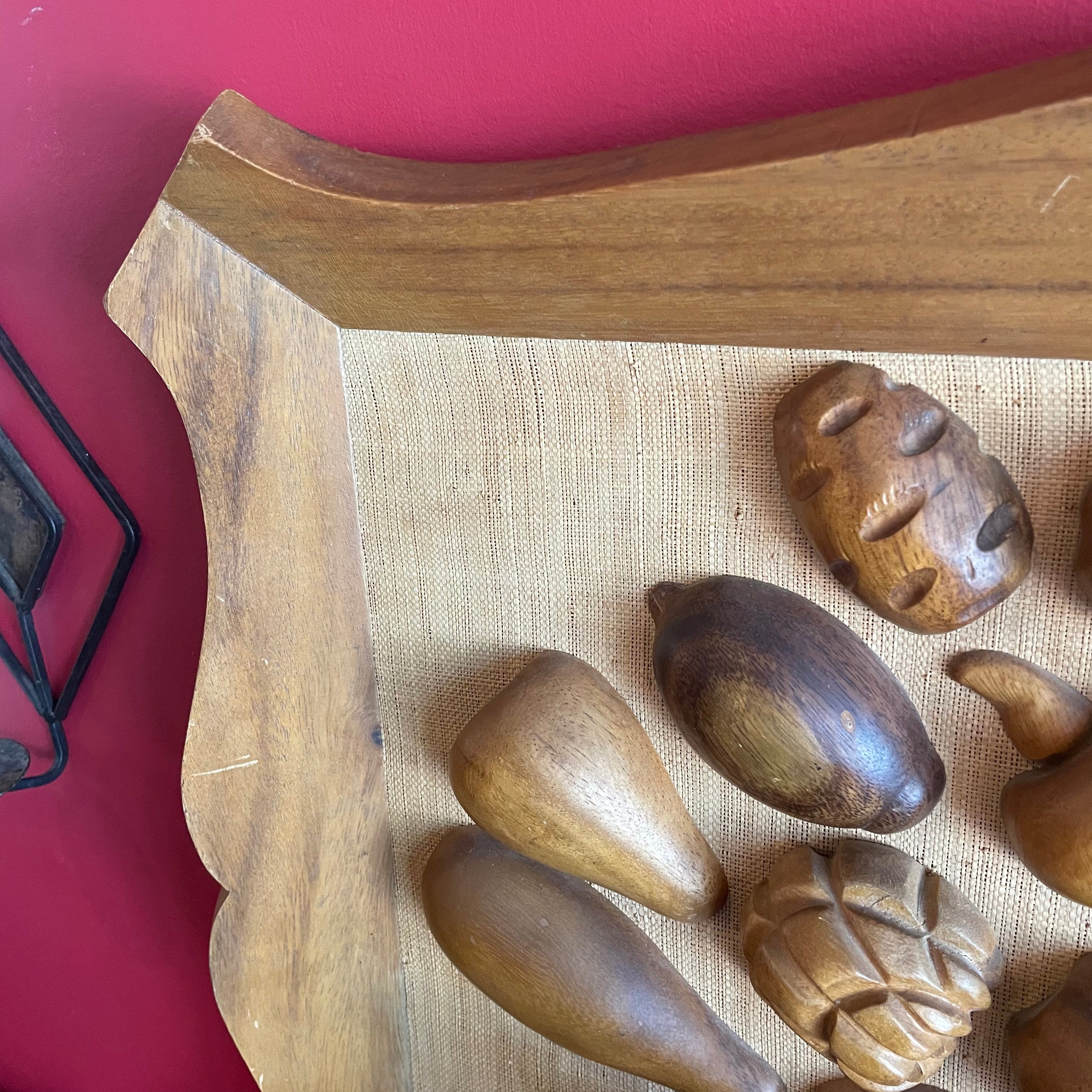 1970's Wooden Fruit on Linen Framed Art - 28" x 26"