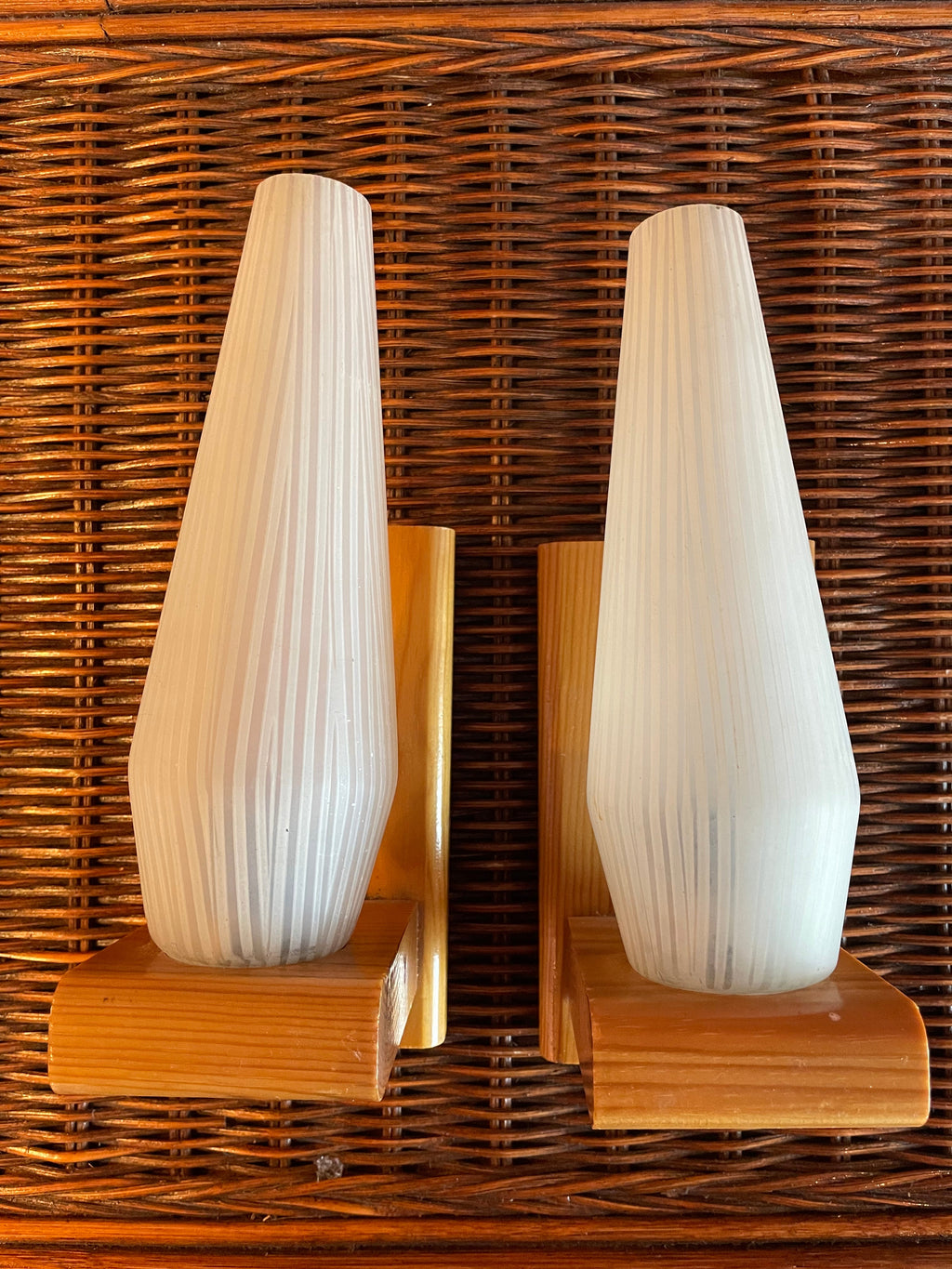 1970's Scandinavian Oak + Glass Sconces - A Pair