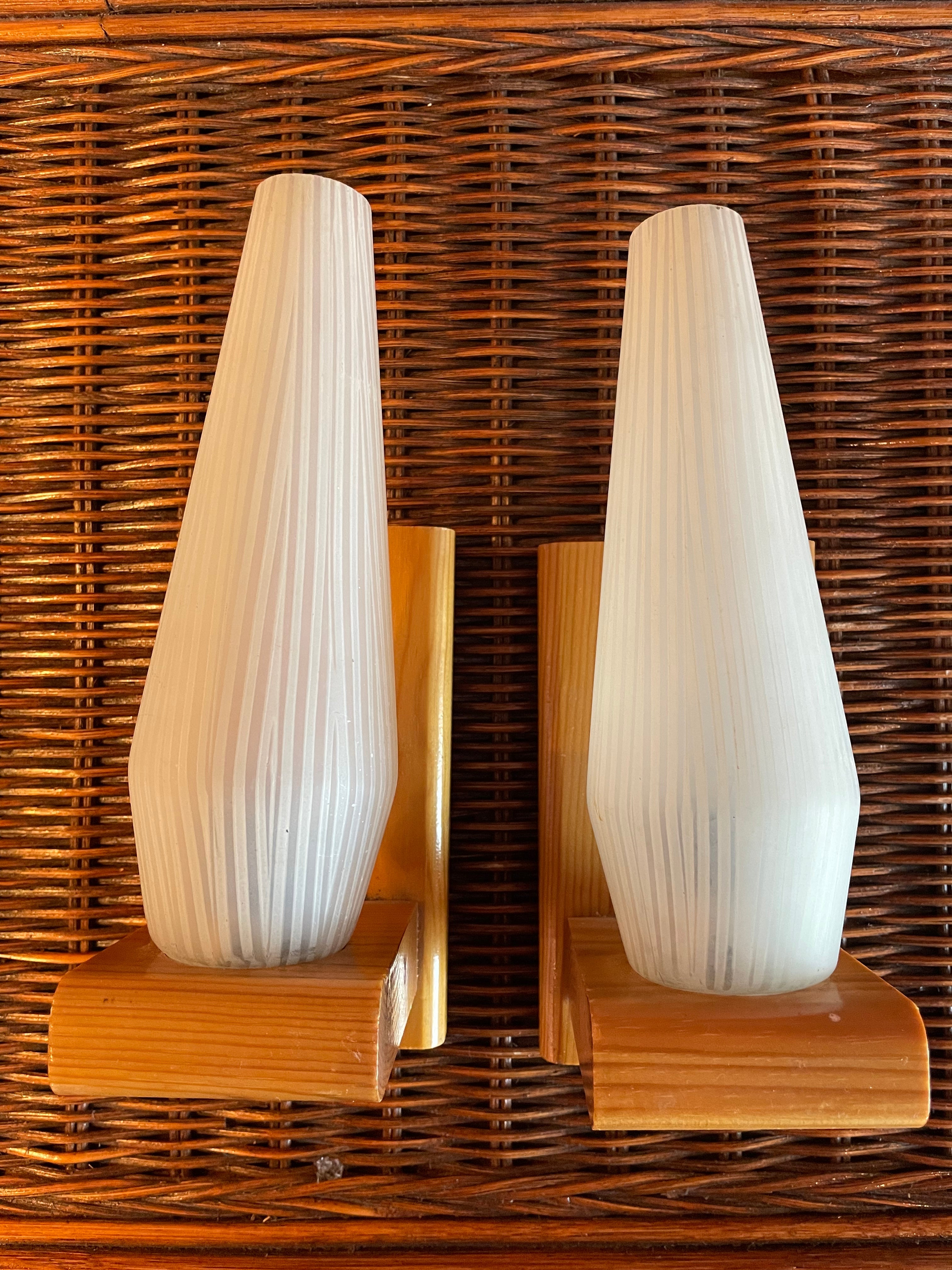 1970's Scandinavian Oak + Glass Sconces - A Pair