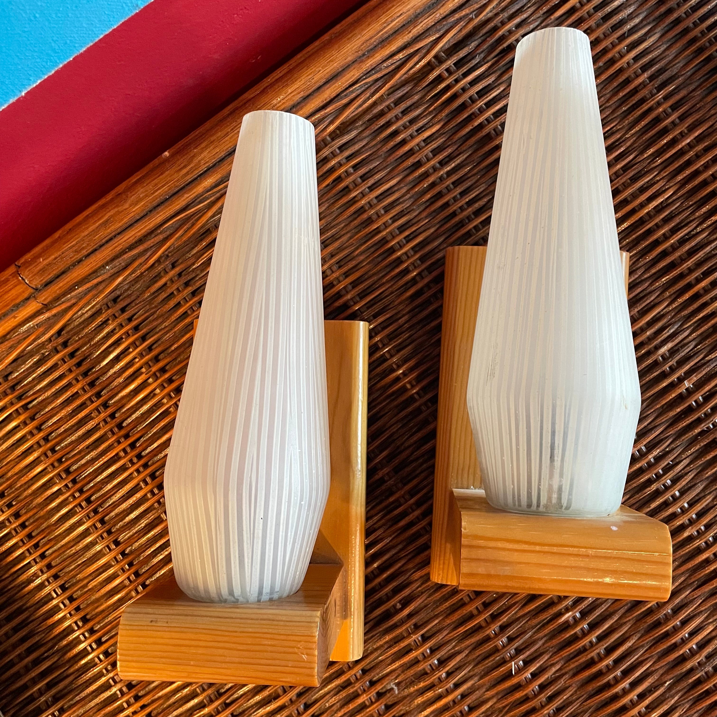 1970's Scandinavian Oak + Glass Sconces - A Pair