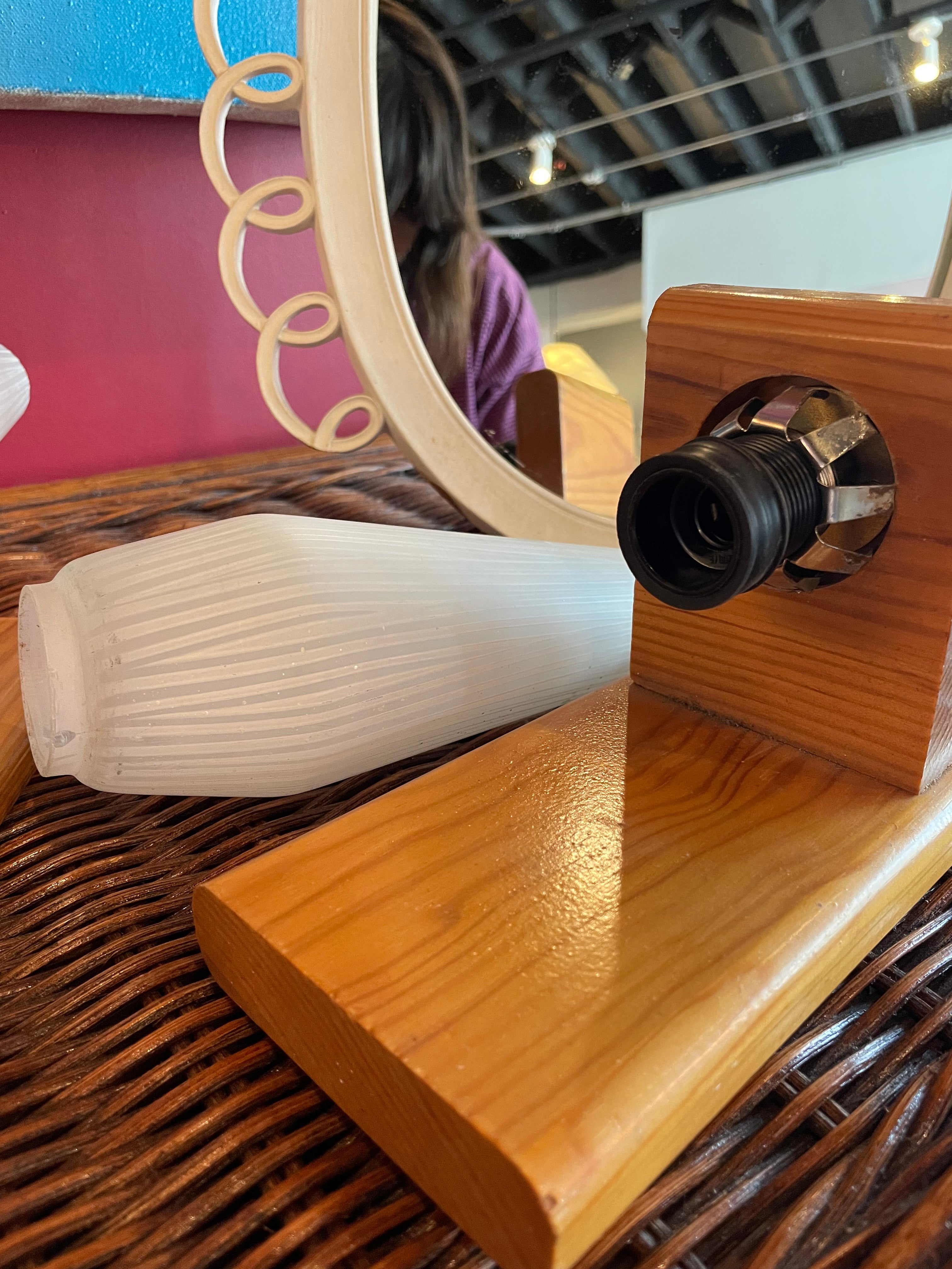 1970's Scandinavian Oak + Glass Sconces - A Pair