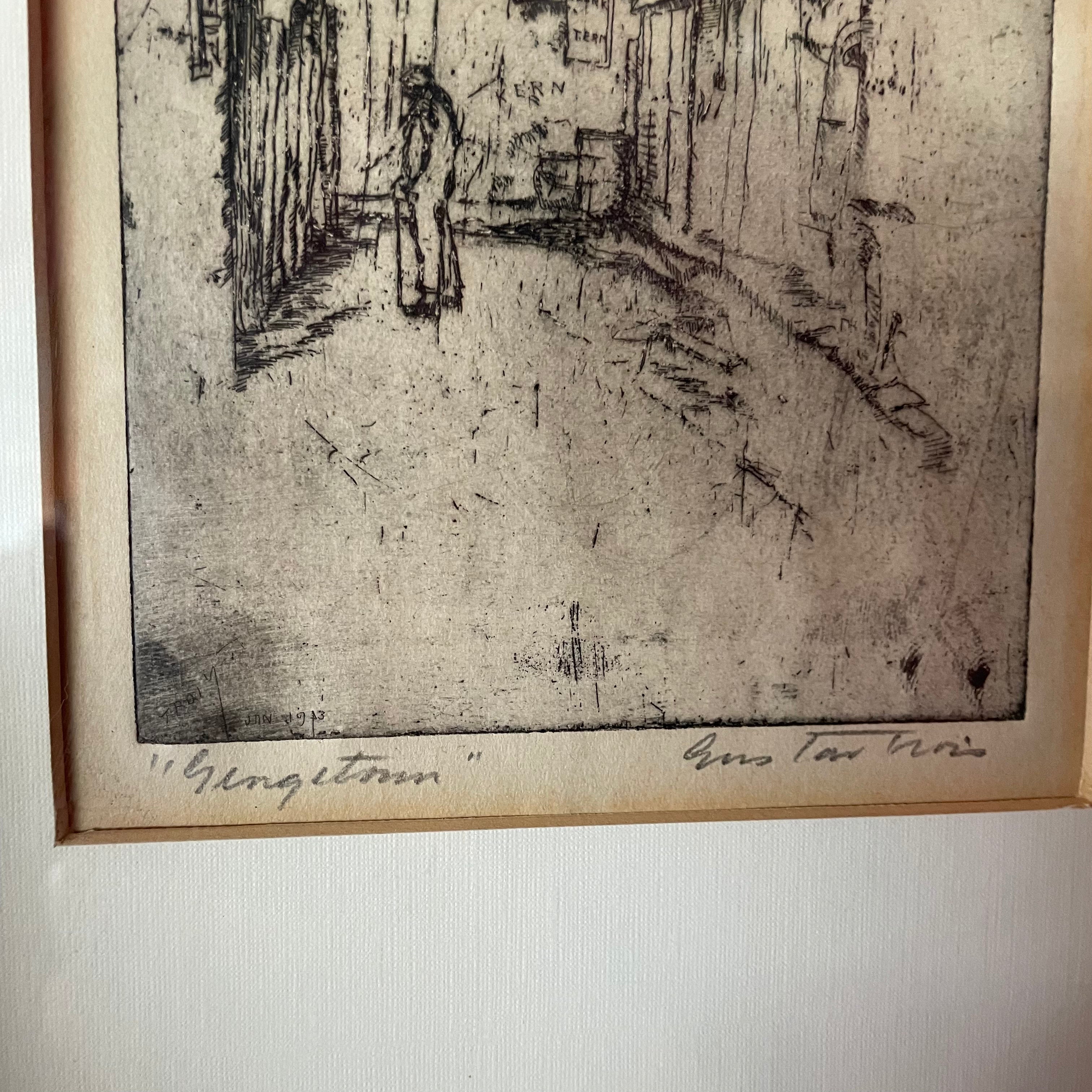 Vintage Framed Etching: "Georgetown" by Gustav Trois - 10" x 13"