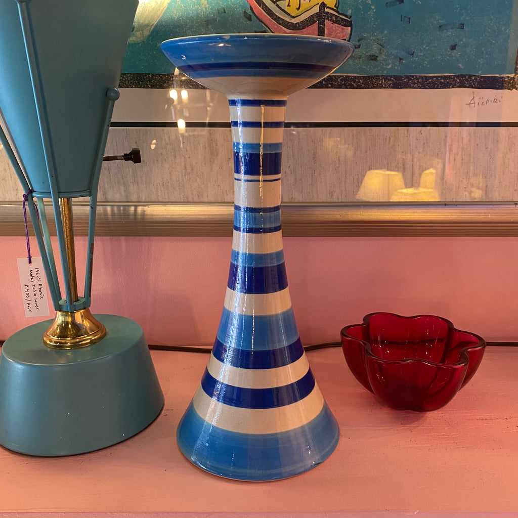 Vintage Striped Ceramic Pedestal Pillar Candle Holder