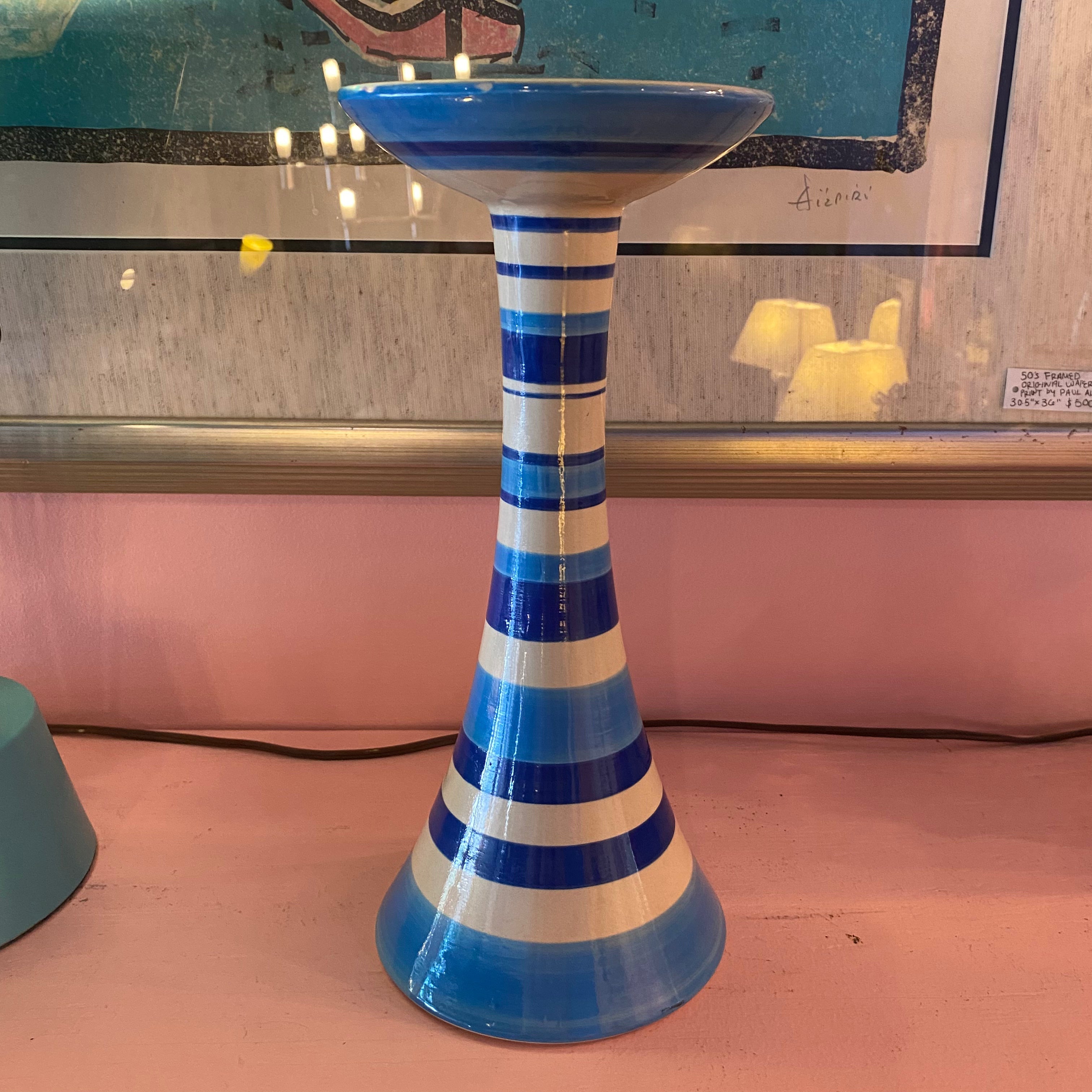 Vintage Striped Ceramic Pedestal Pillar Candle Holder
