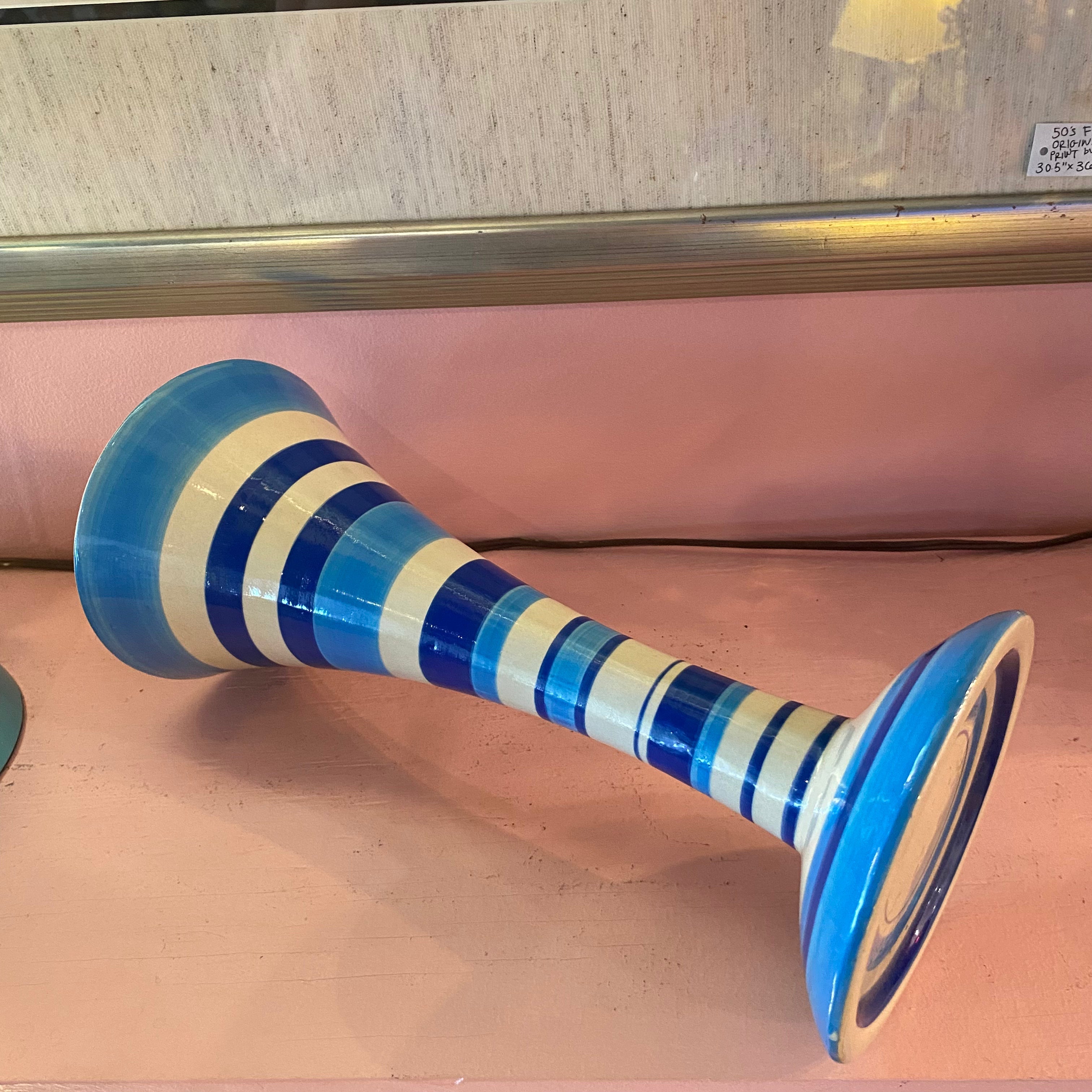 Vintage Striped Ceramic Pedestal Pillar Candle Holder