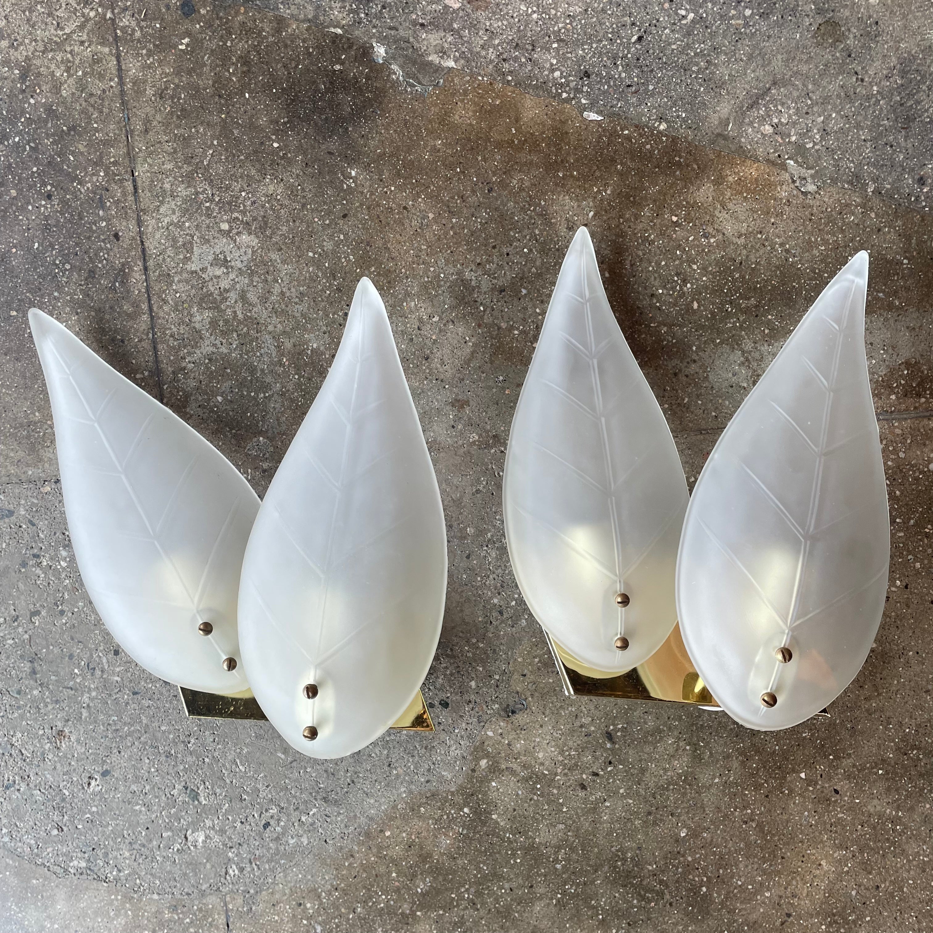 1950's Vintage Brass + Glass Leaf Sconces - A Pair