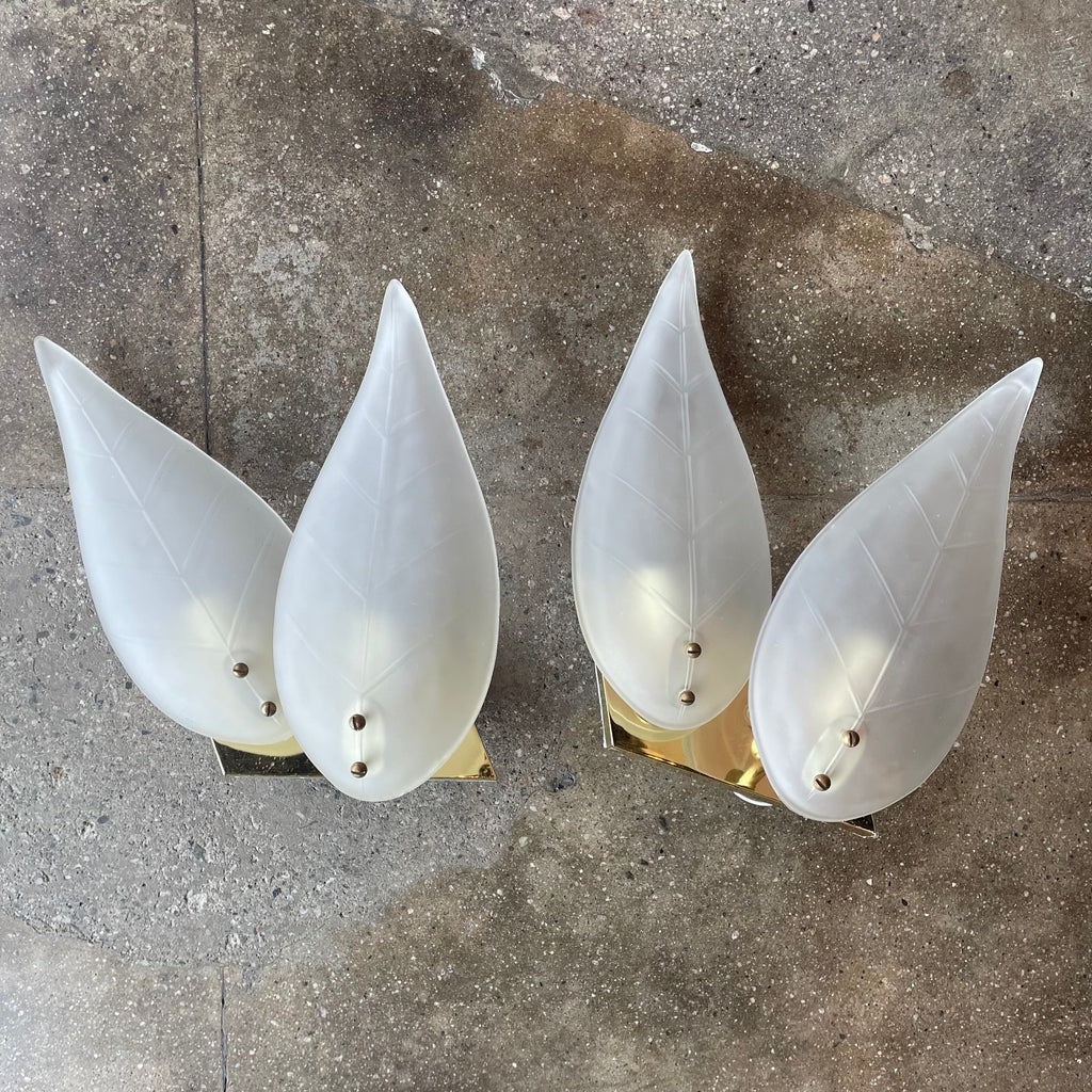 1950's Vintage Brass + Glass Leaf Sconces - A Pair