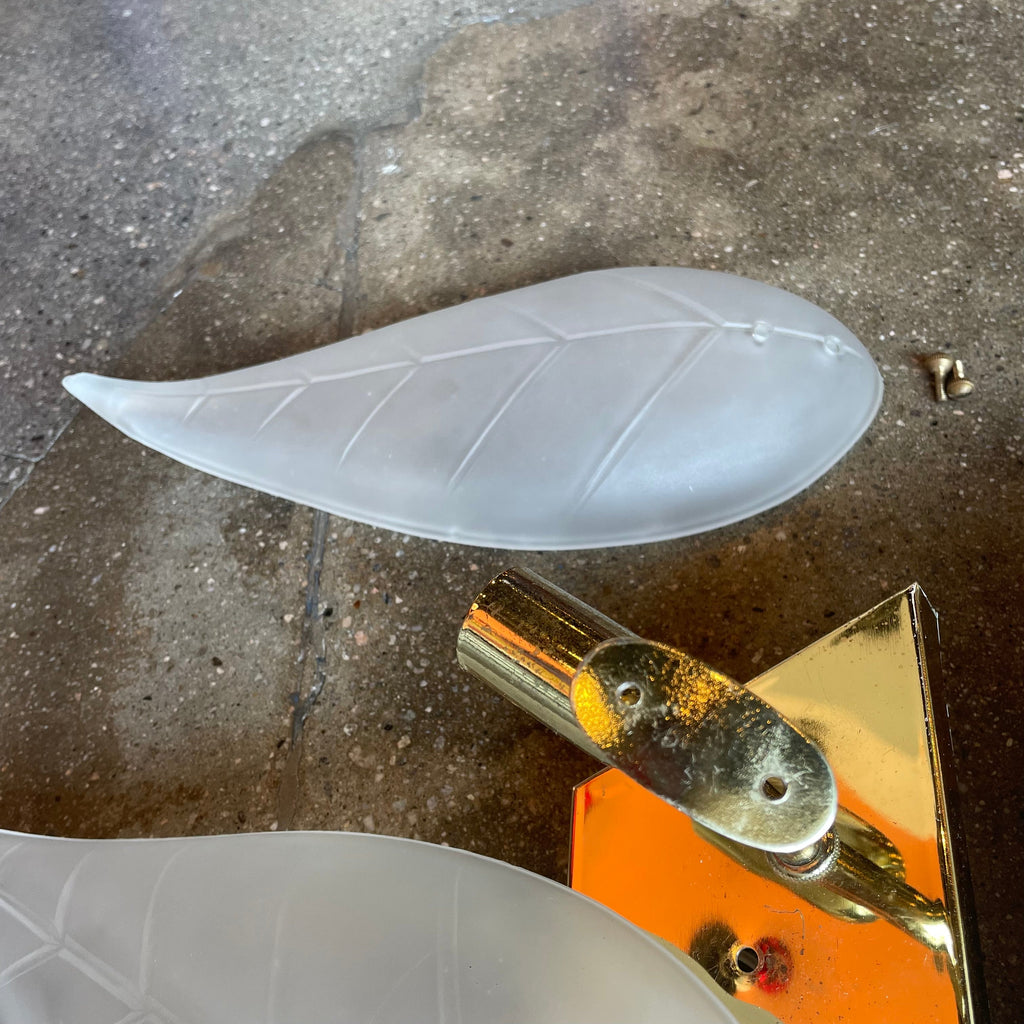 1950's Vintage Brass + Glass Leaf Sconces - A Pair