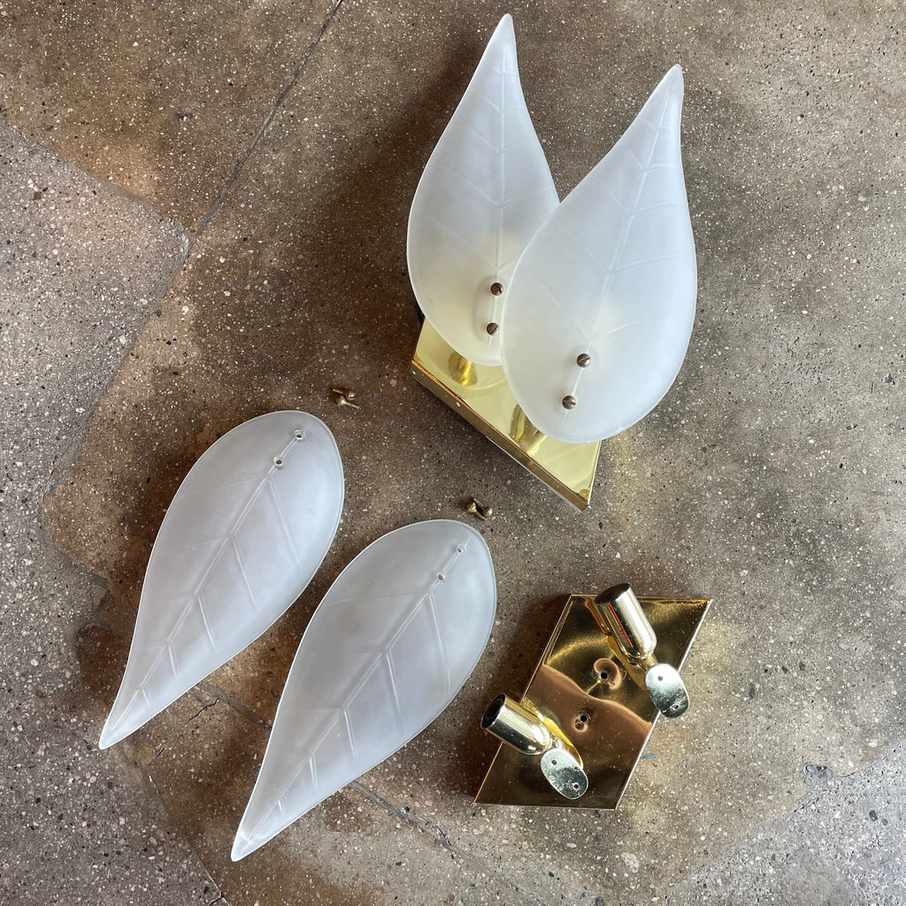 1950's Vintage Brass + Glass Leaf Sconces - A Pair