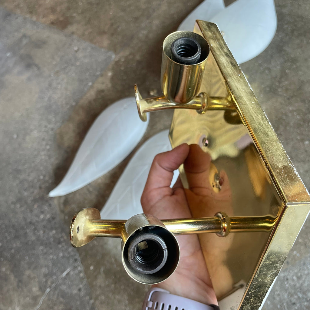 1950's Vintage Brass + Glass Leaf Sconces - A Pair