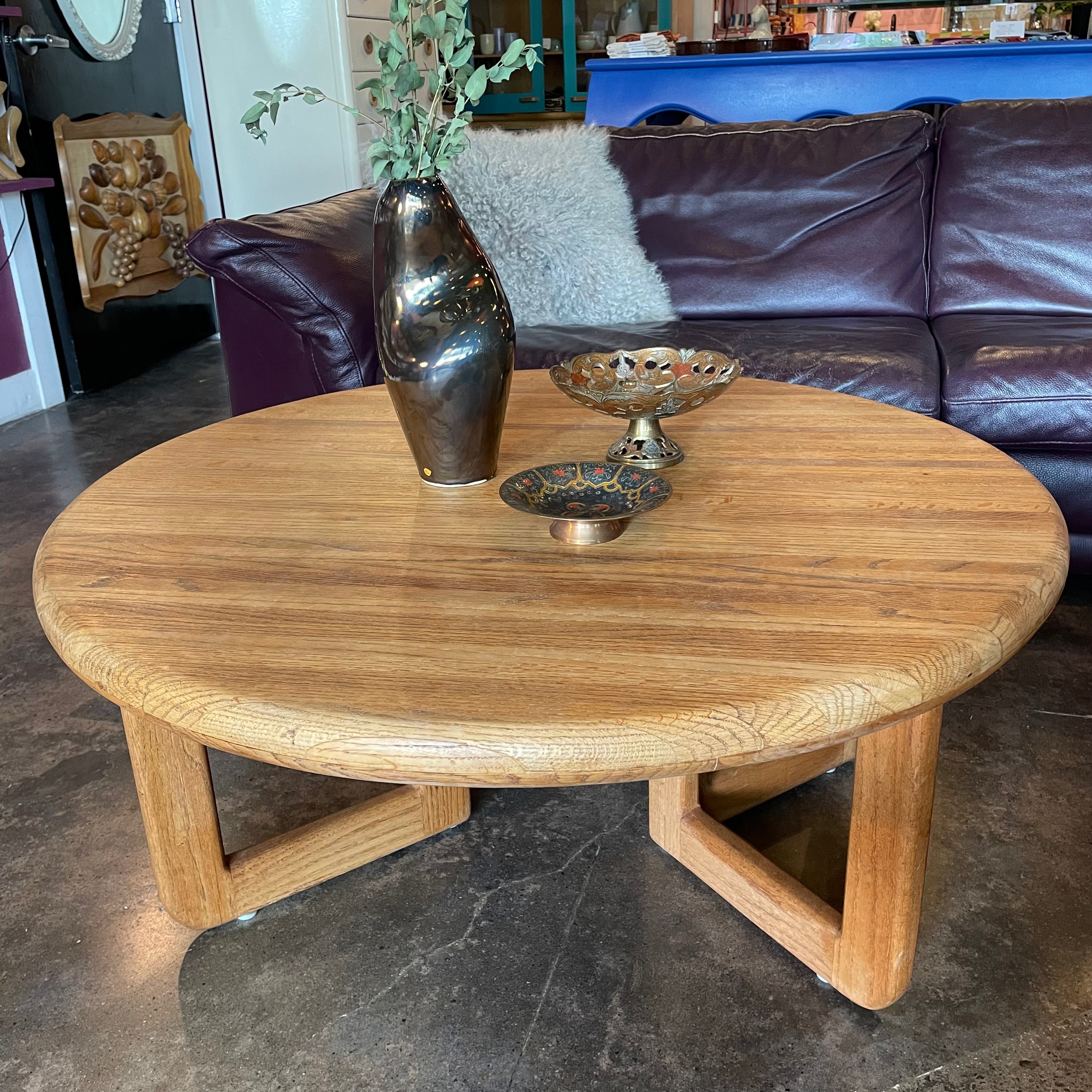 1970's Solid Oak Coffee Table - 36" Round