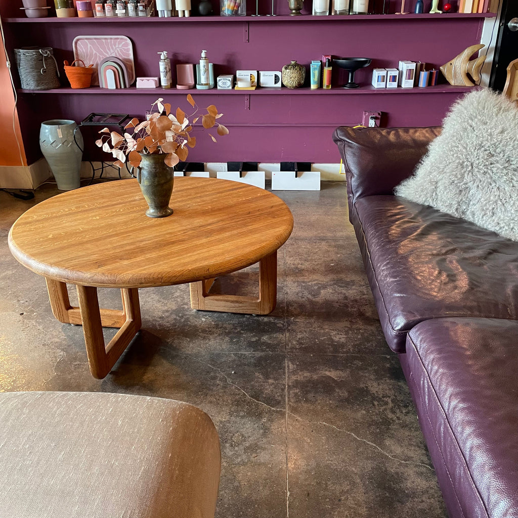 1970's Solid Oak Coffee Table - 36" Round