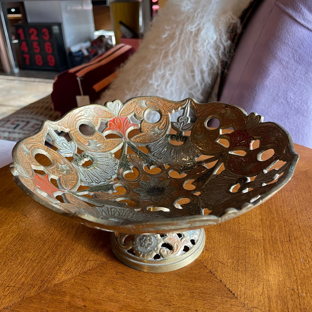 Vintage Indian Enameled Brass Footed Dish