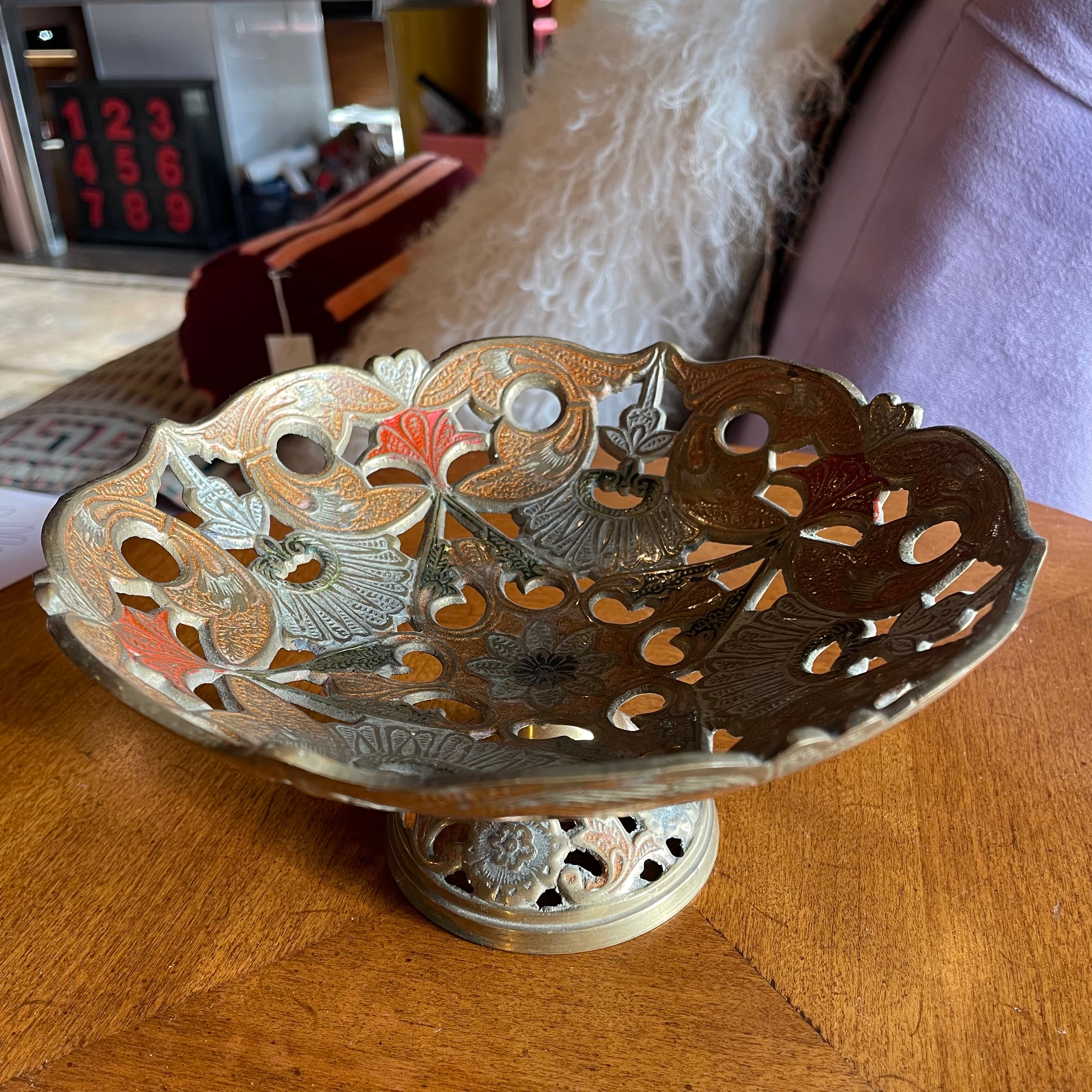 Vintage Indian Enameled Brass Footed Dish