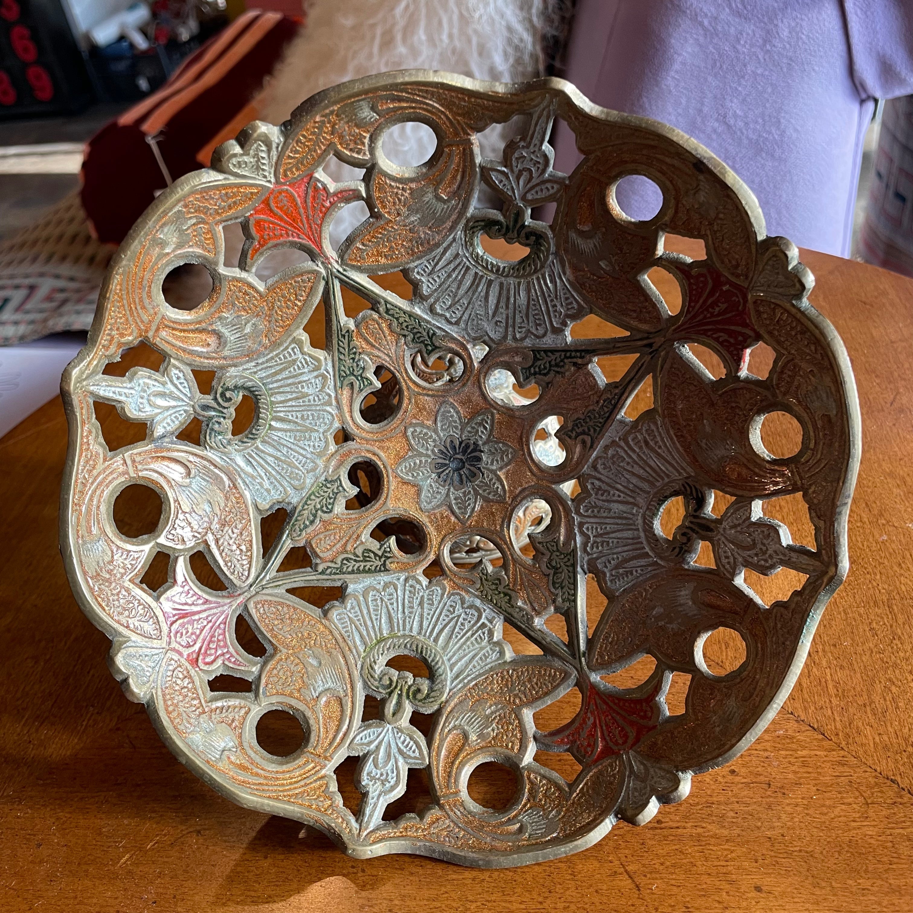 Vintage Indian Enameled Brass Footed Dish