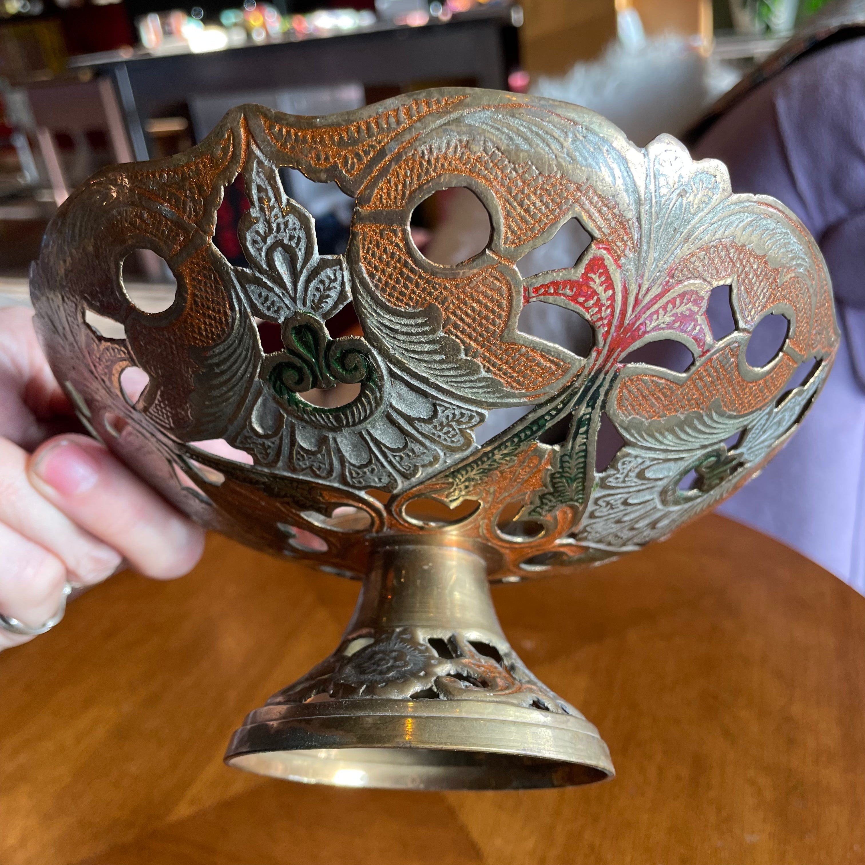 Vintage Indian Enameled Brass Footed Dish