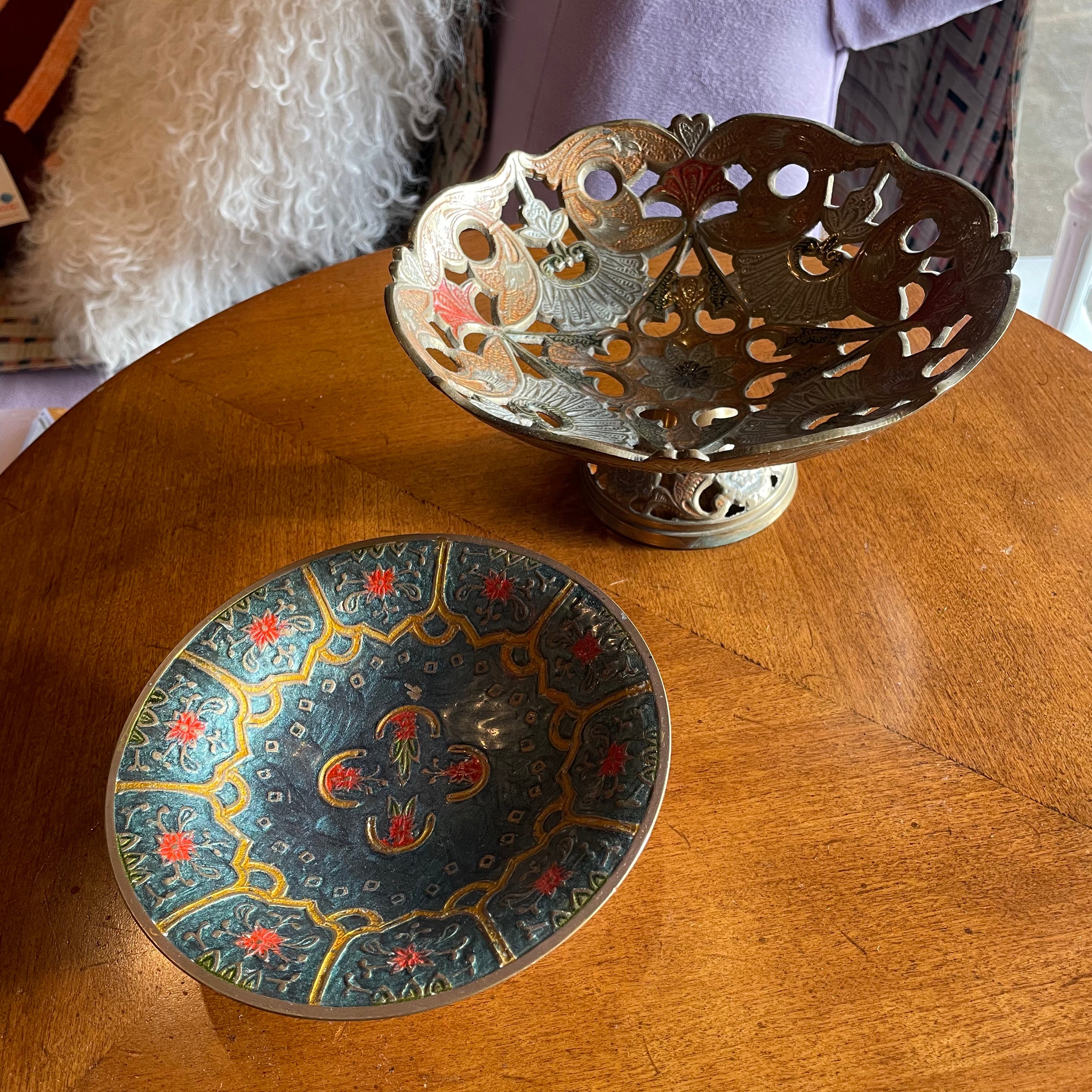 Vintage Indian Enameled Brass Footed Dish