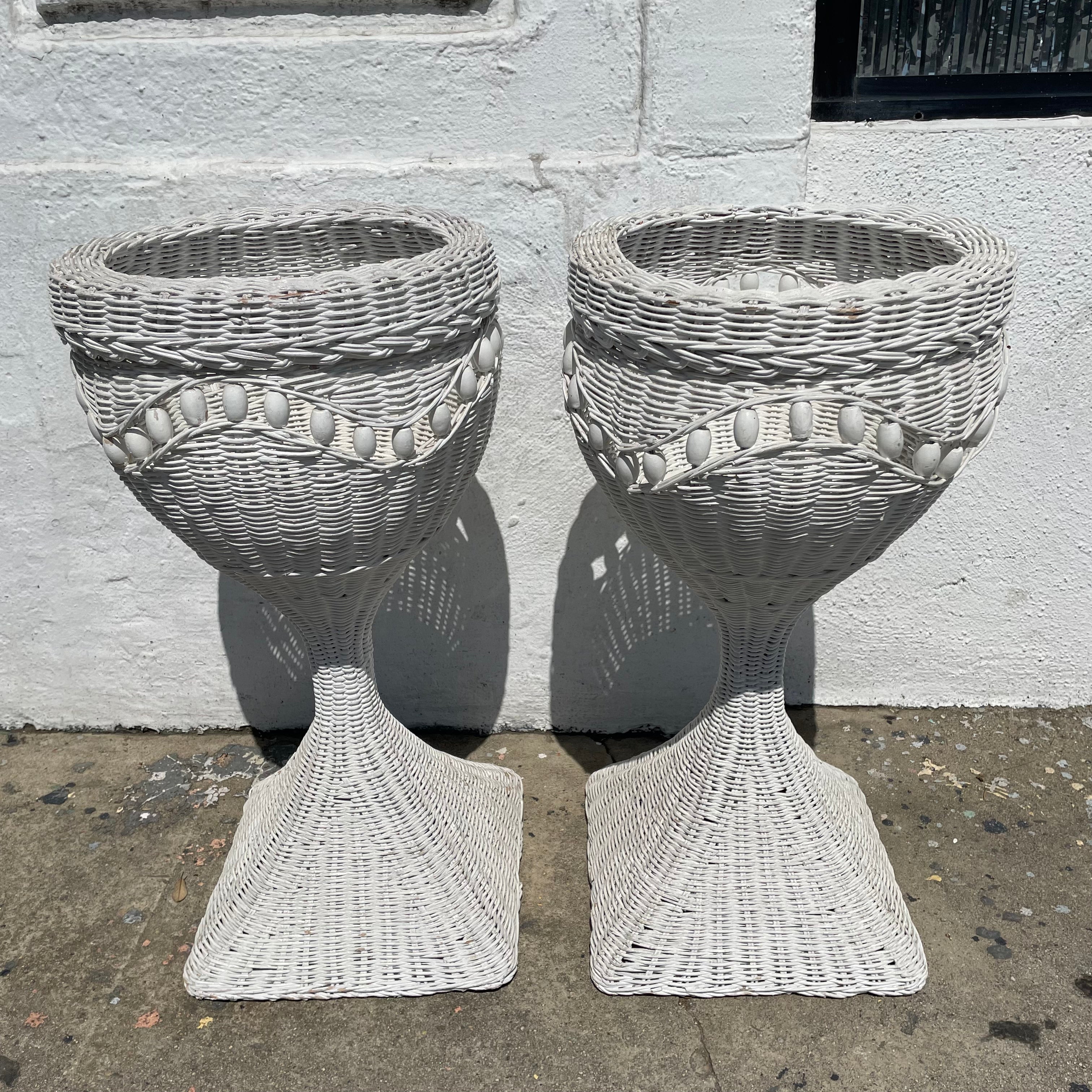 1970's White Wicker Planters - A Pair