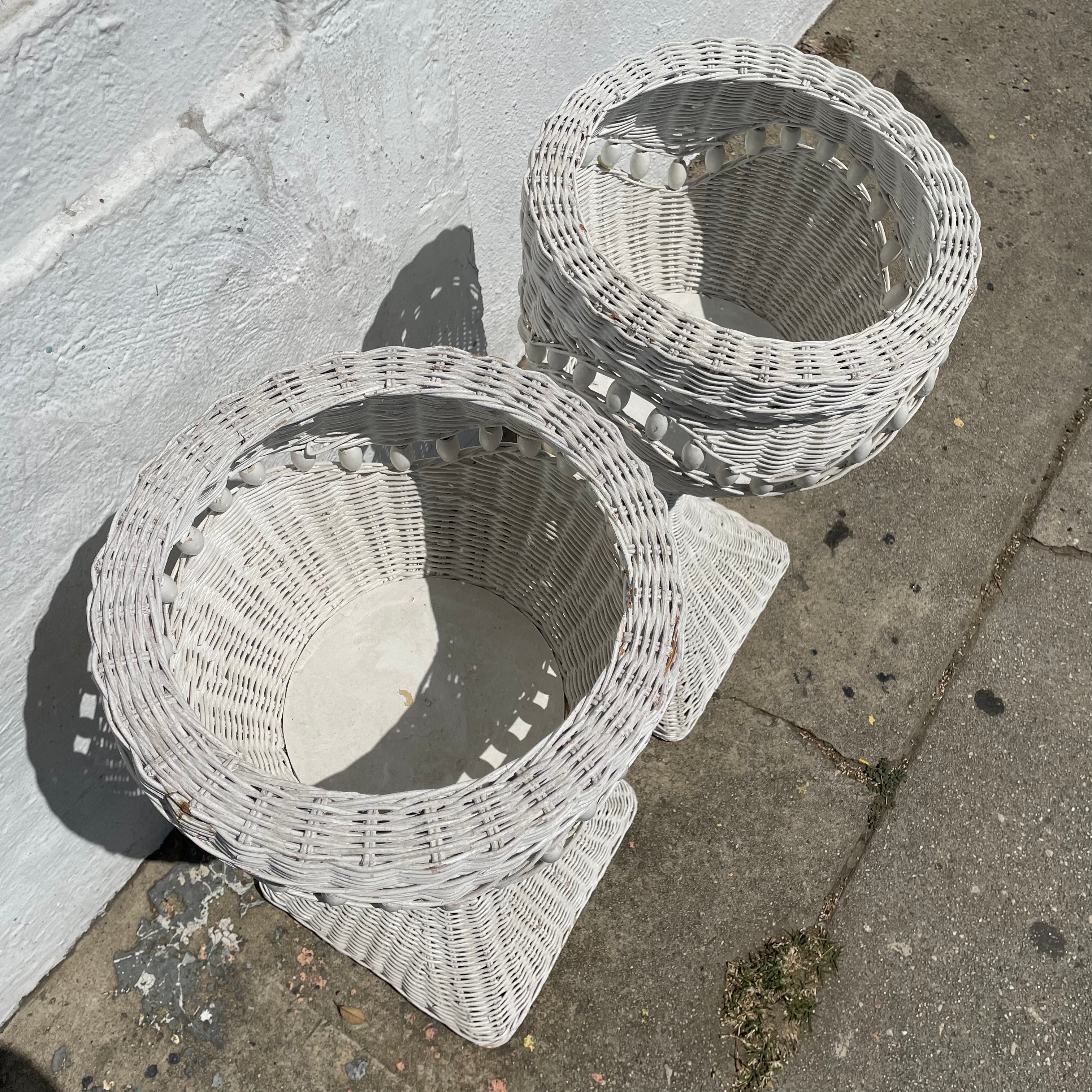 1970's White Wicker Planters - A Pair