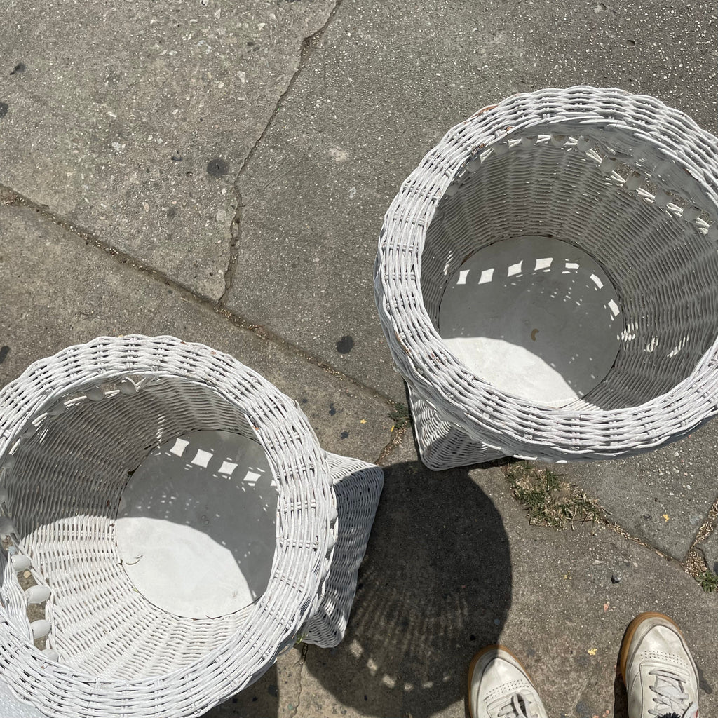 1970's White Wicker Planters - A Pair
