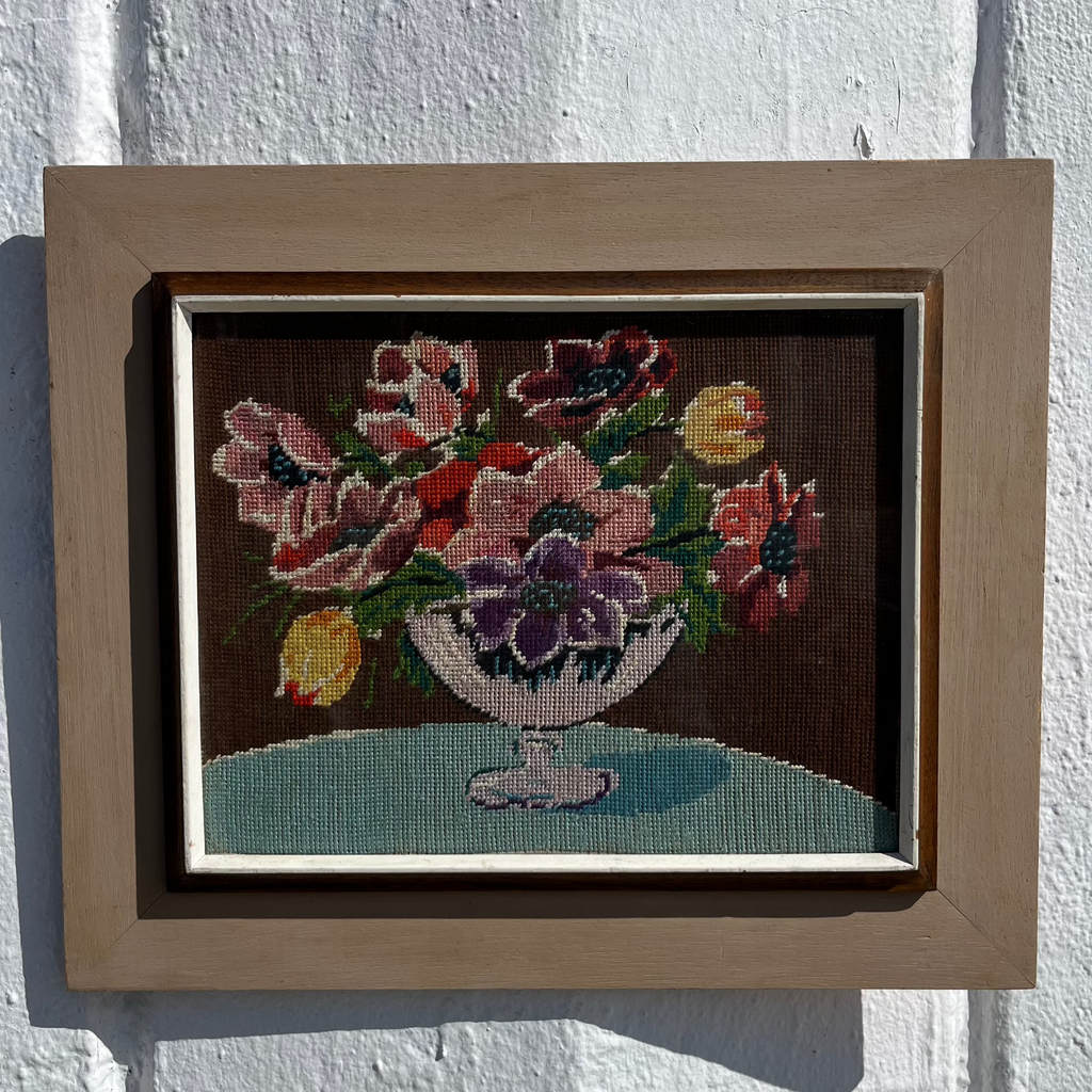Antique Framed Needlepoint Still Life - 18.5" x 15.5"