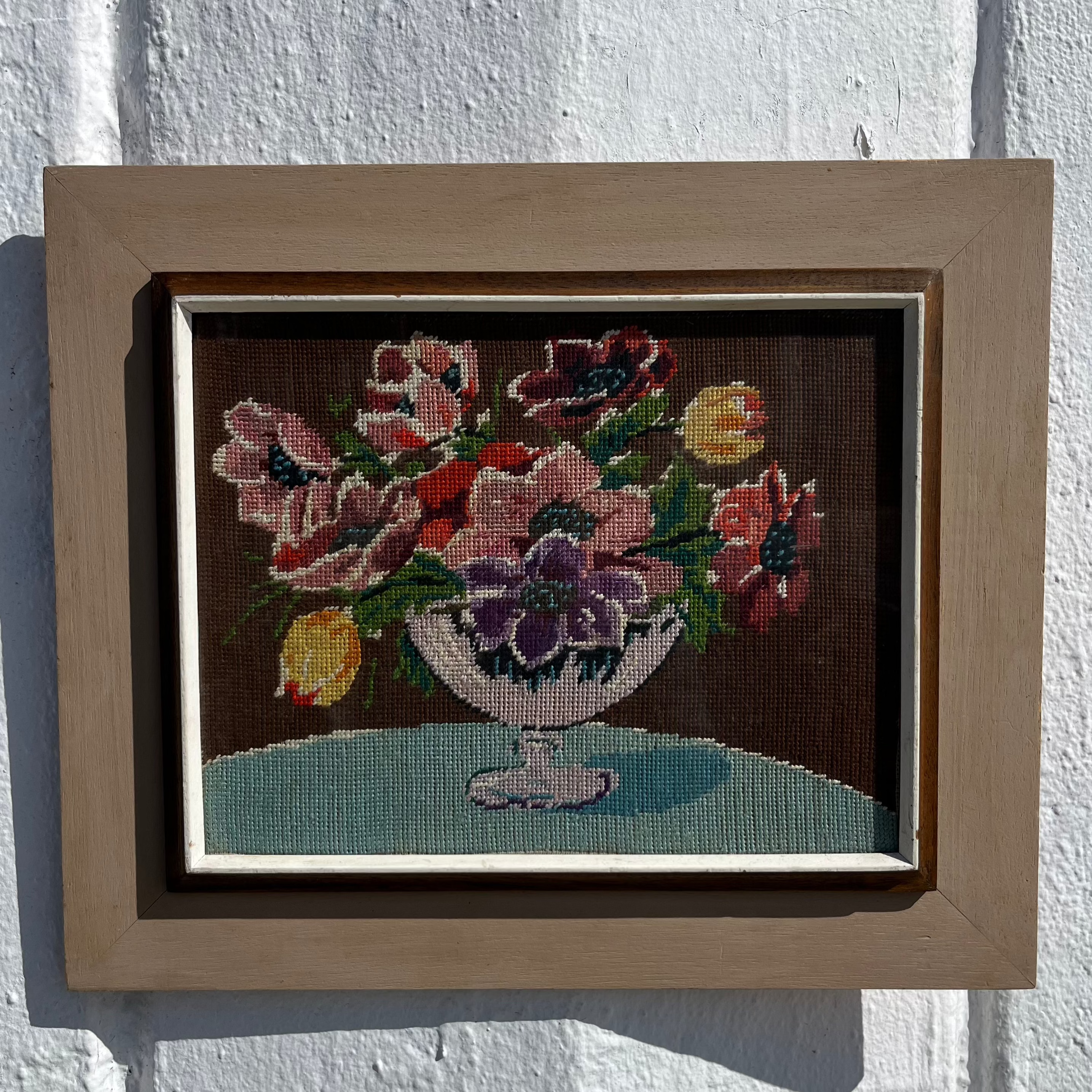 Antique Framed Needlepoint Still Life - 18.5" x 15.5"