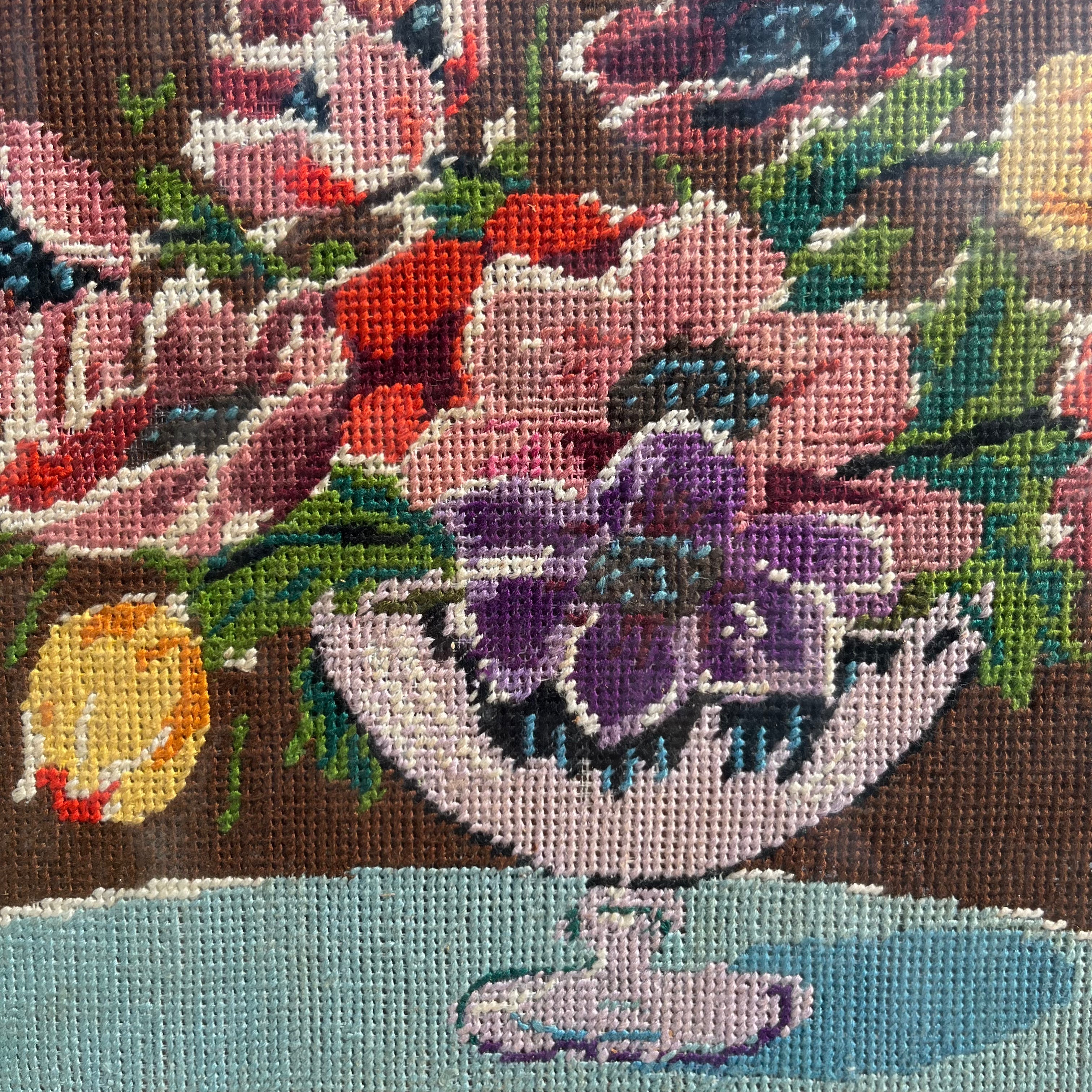 Antique Framed Needlepoint Still Life - 18.5" x 15.5"