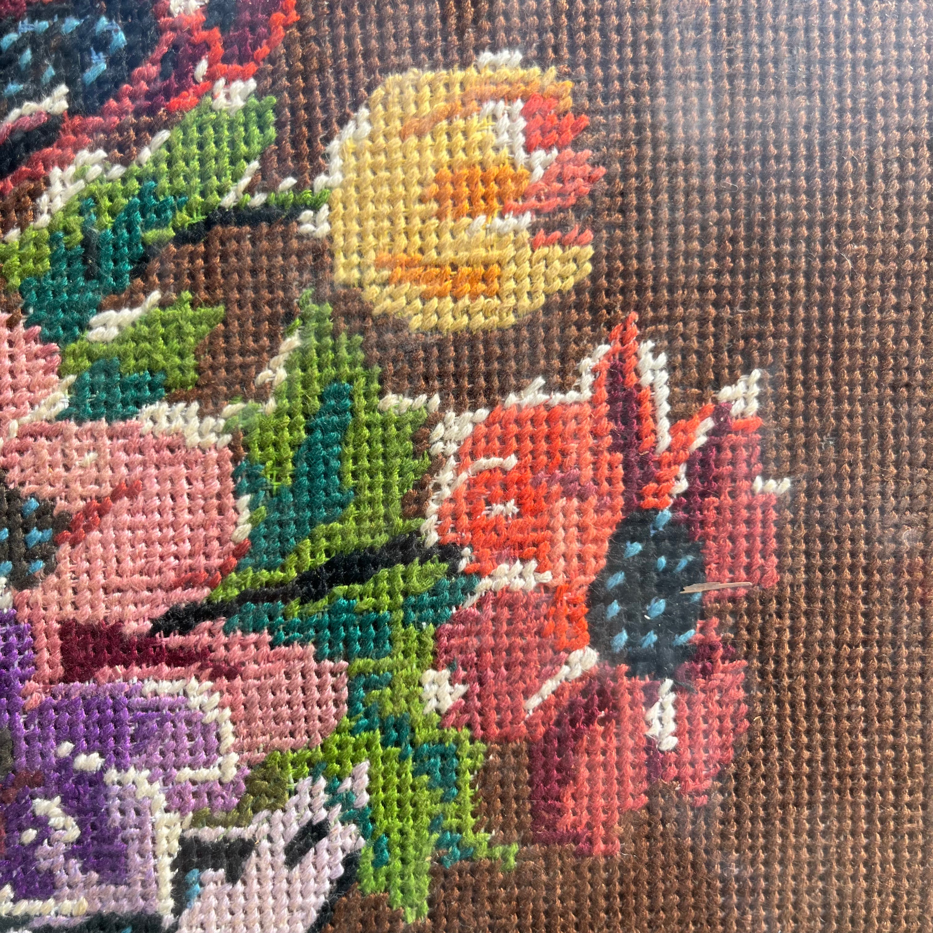 Antique Framed Needlepoint Still Life - 18.5" x 15.5"