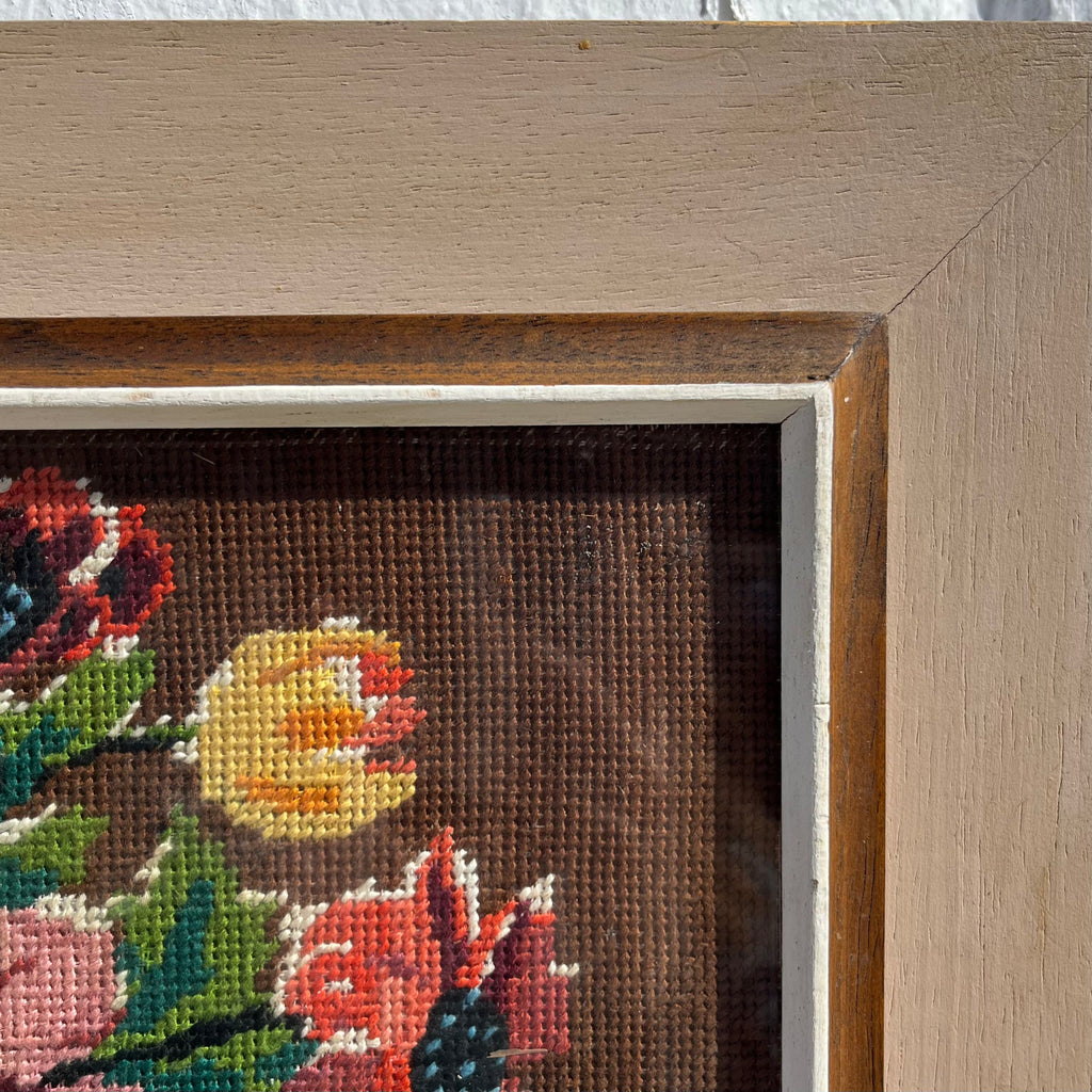 Antique Framed Needlepoint Still Life - 18.5" x 15.5"