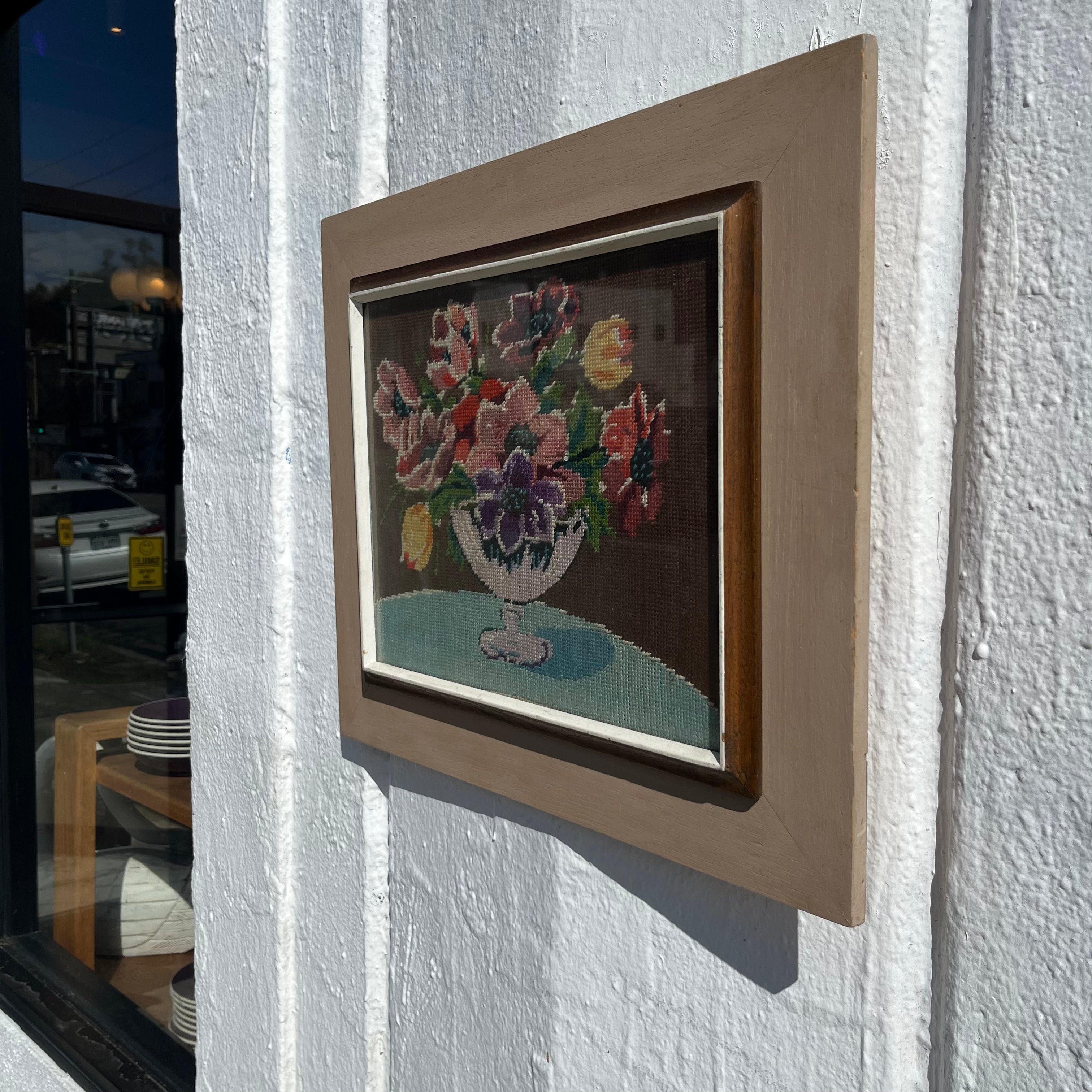 Antique Framed Needlepoint Still Life - 18.5" x 15.5"