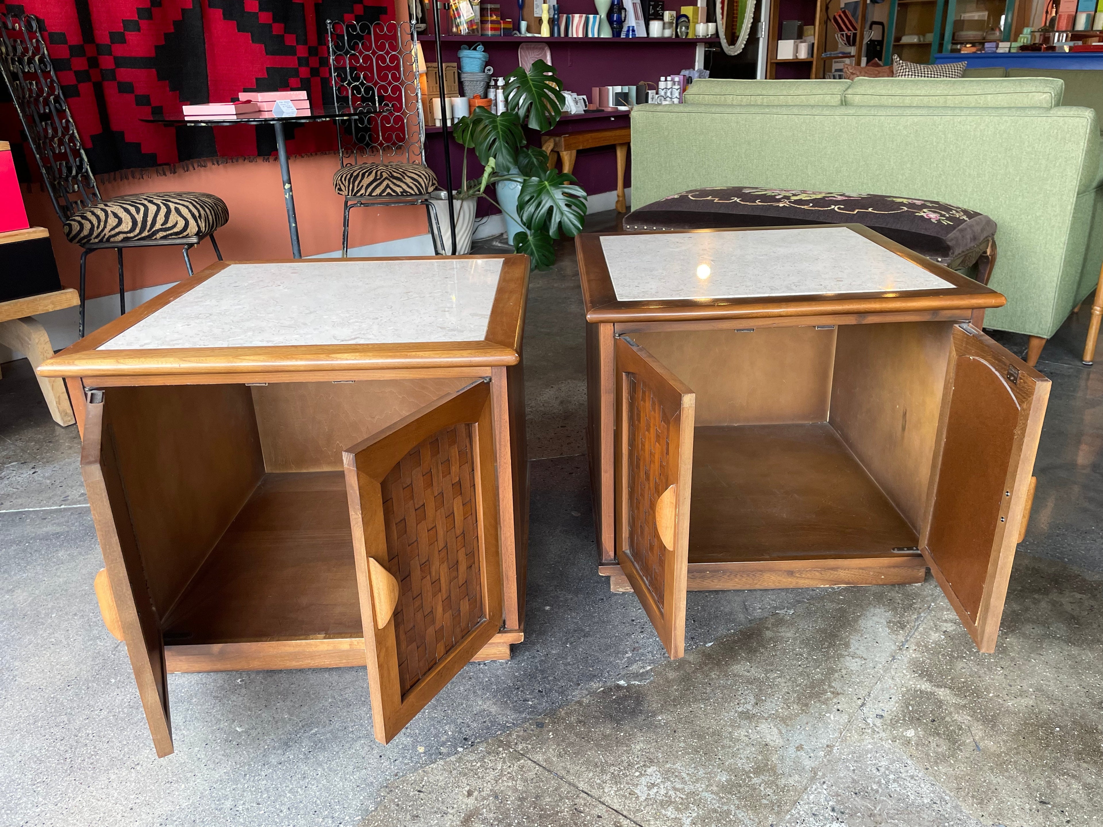 1960's Vintage Travertine + Walnut "Perceptions" Nightstands by Lane