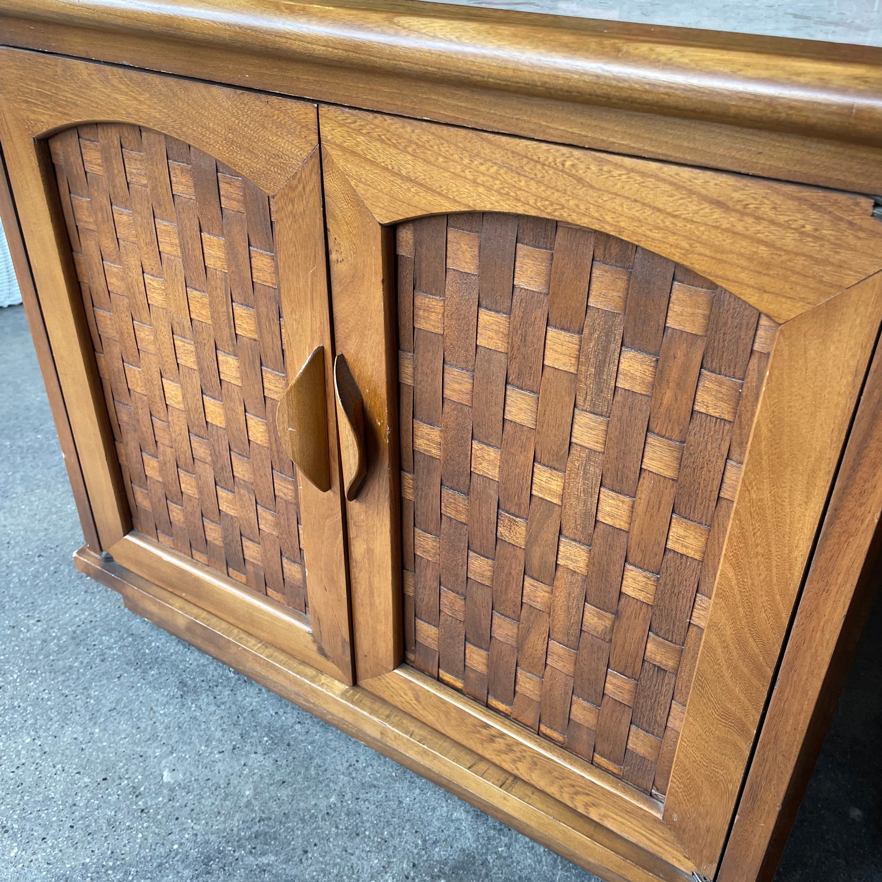1960's Vintage Travertine + Walnut "Perceptions" Nightstands by Lane