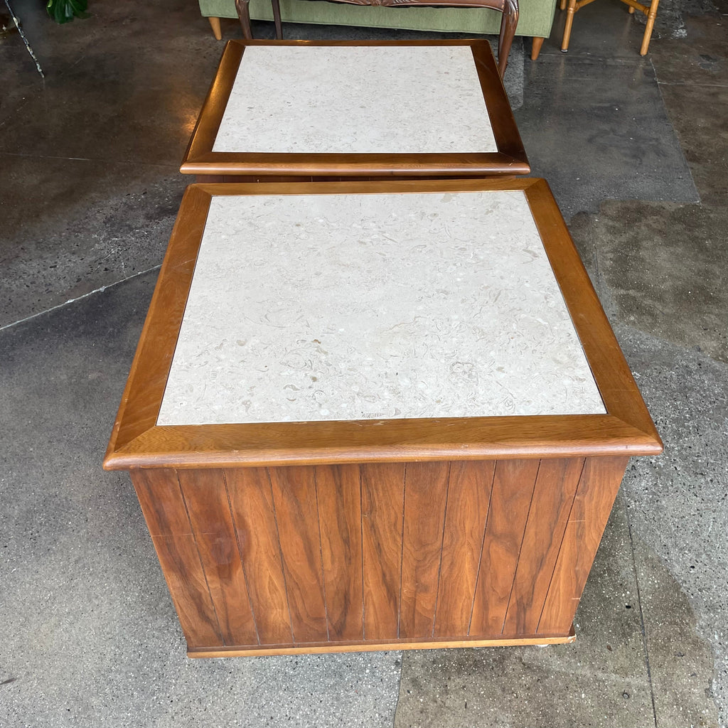 1960's Vintage Travertine + Walnut "Perceptions" Nightstands by Lane