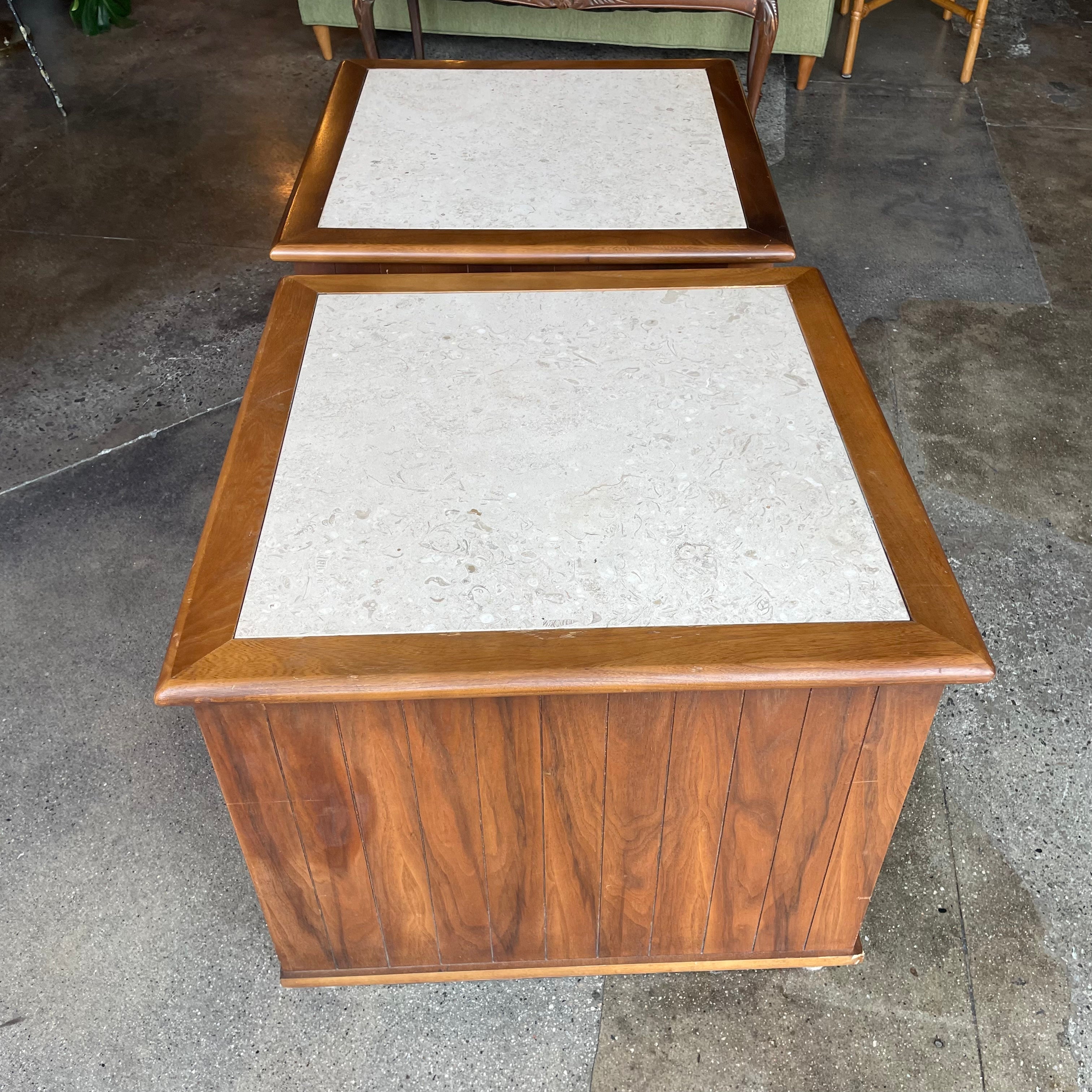 1960's Vintage Travertine + Walnut "Perceptions" Nightstands by Lane