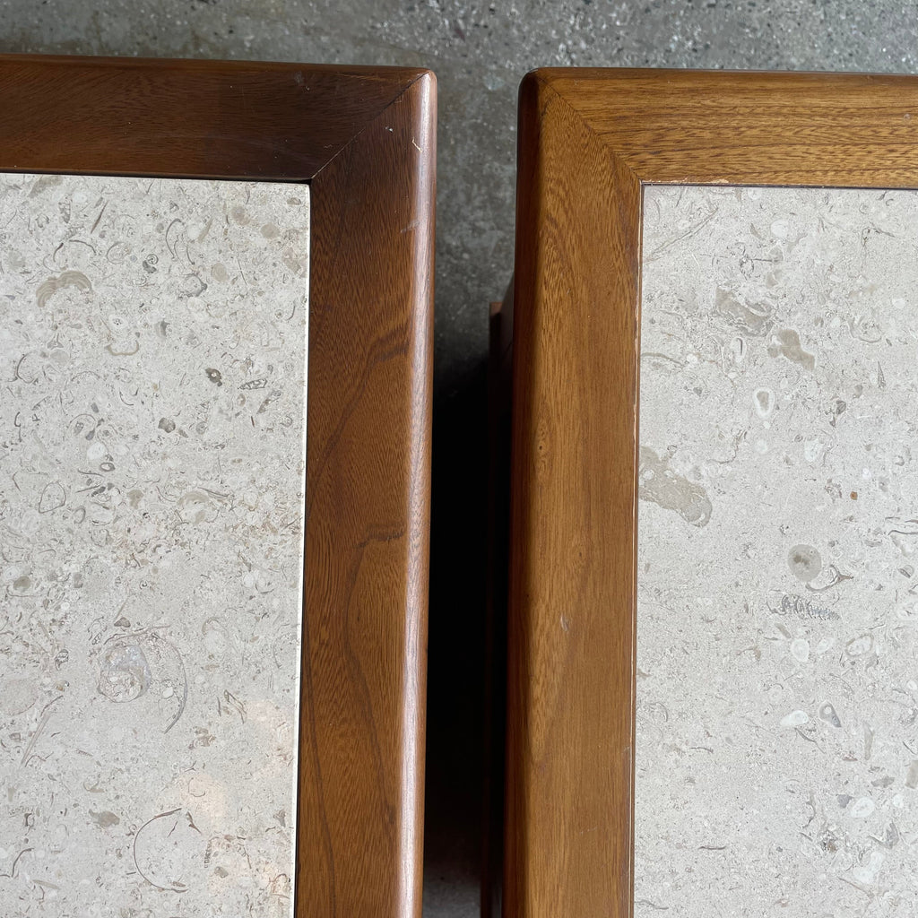 1960's Vintage Travertine + Walnut "Perceptions" Nightstands by Lane