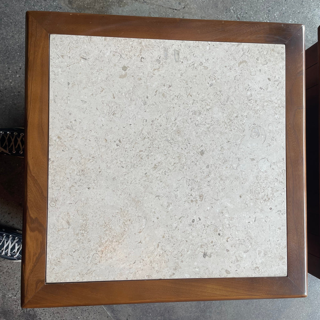 1960's Vintage Travertine + Walnut "Perceptions" Nightstands by Lane