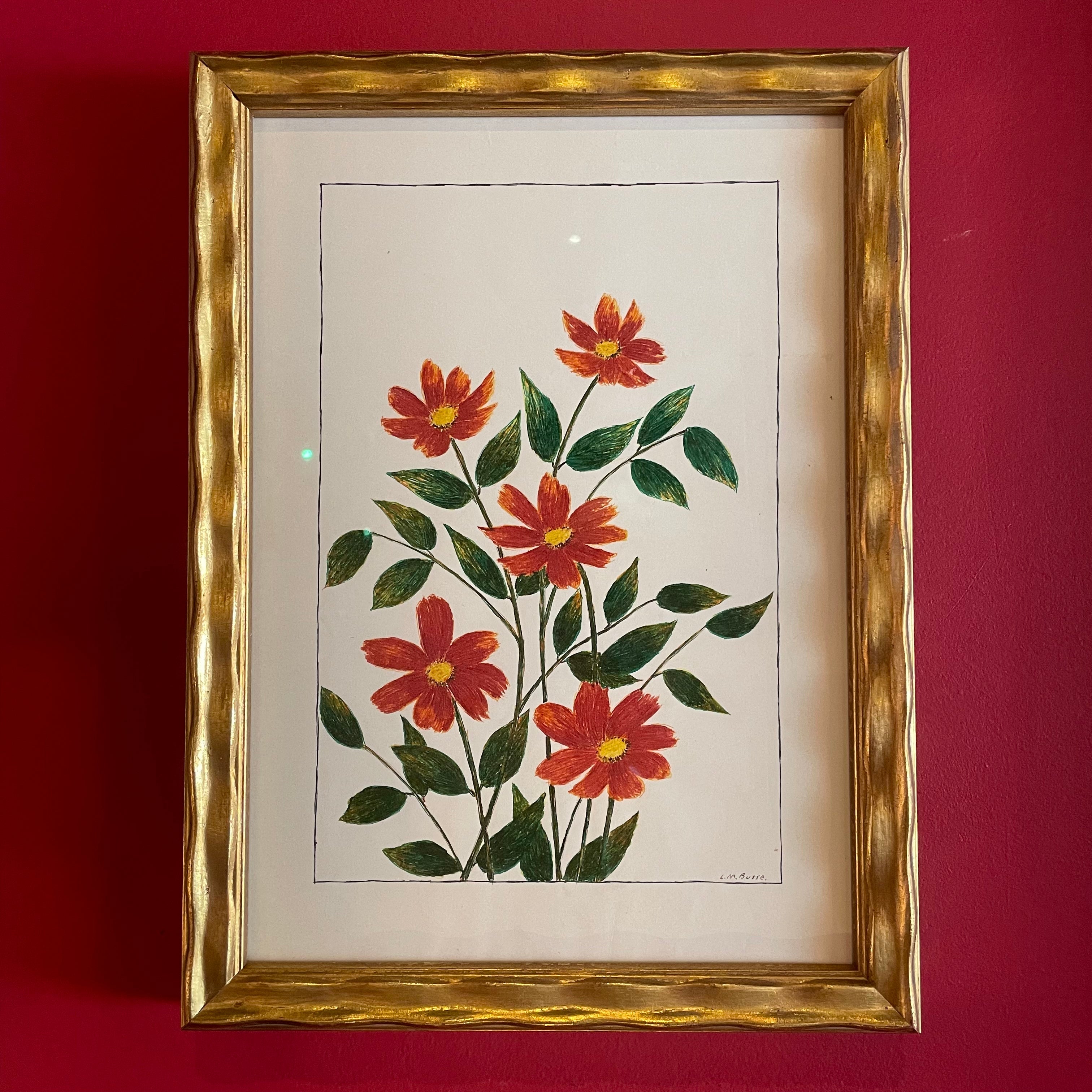 Vintage Floral Pen Drawing by L.M. Busse - 8.75" x 12"