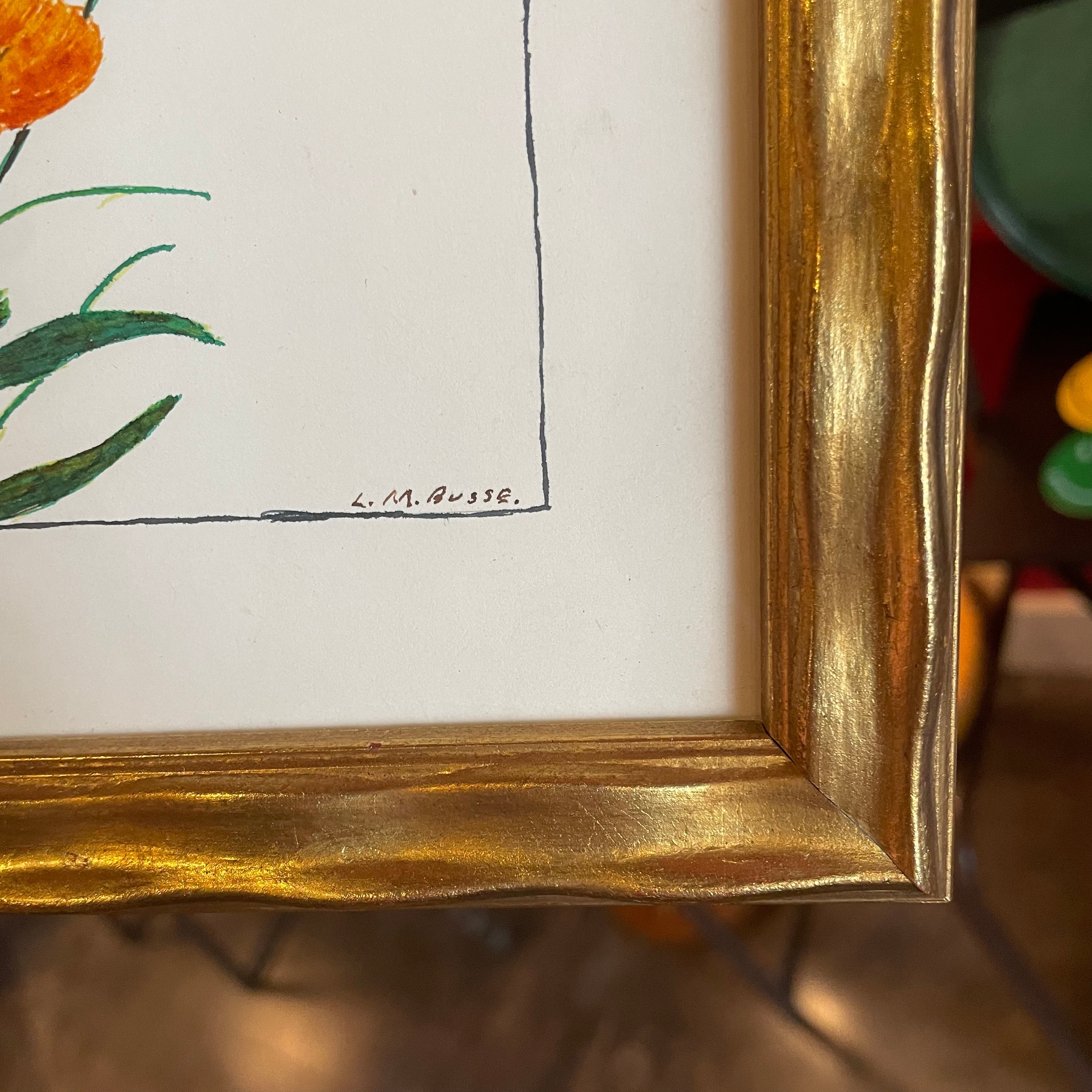 Vintage Floral Pen Drawing by L.M. Busse - 8.75" x 12"